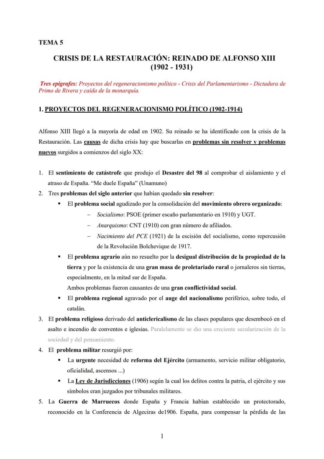 TEMA 5
CRISIS DE LA RESTAURACIÓN: REINADO DE ALFONSO XIII
(1902 - 1931)
Tres epígrafes: Proyectos del regeneracionismo político - Crisis del