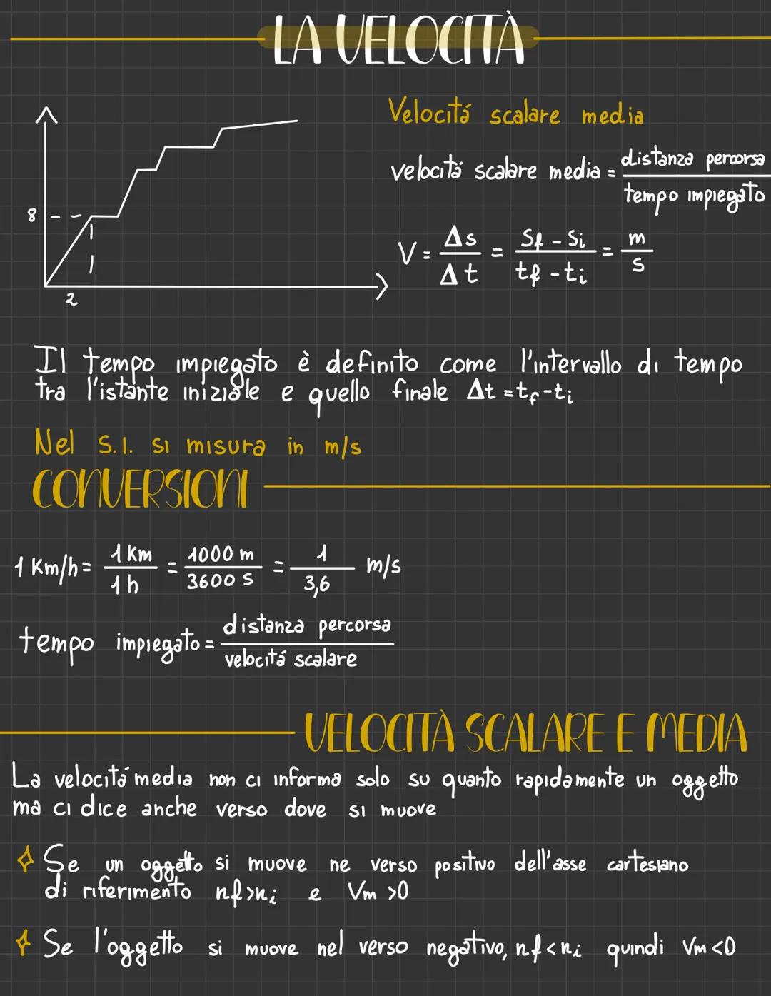 # LA VELOCITÀ

8

2

Velocitá scalare media

velocita scalare media = $\frac{distanza\ percorsa}{tempo\ impiegato}$

$V = \frac{\Delta s}{\D