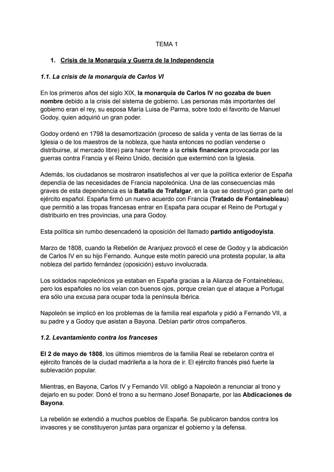 TEMA 1
1. Crisis de la Monarquía y Guerra de la Independencia
1.1. La crisis de la monarquía de Carlos VI
En los primeros años del siglo XIX
