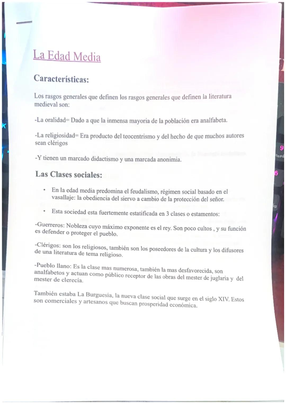 # La Edad Media

Características:

Los rasgos generales que definen los rasgos generales que definen la literatura
medieval son:

-La oralid