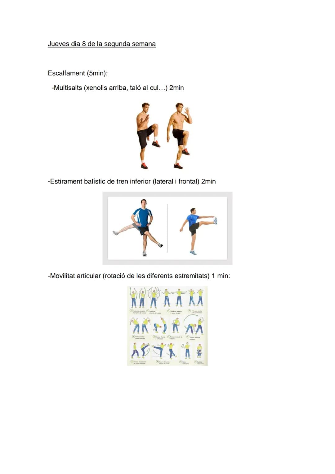 Lunes dia 5 de noviembre segunda semana
Escalfament: (5min)
- Trote continuo 2 min
-Estirament balístic de tren inferior (lateral i frontal)