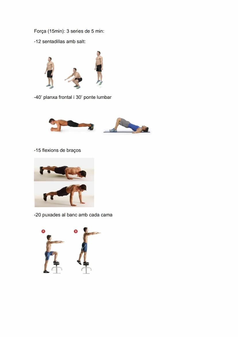 Lunes dia 5 de noviembre segunda semana
Escalfament: (5min)
- Trote continuo 2 min
-Estirament balístic de tren inferior (lateral i frontal)
