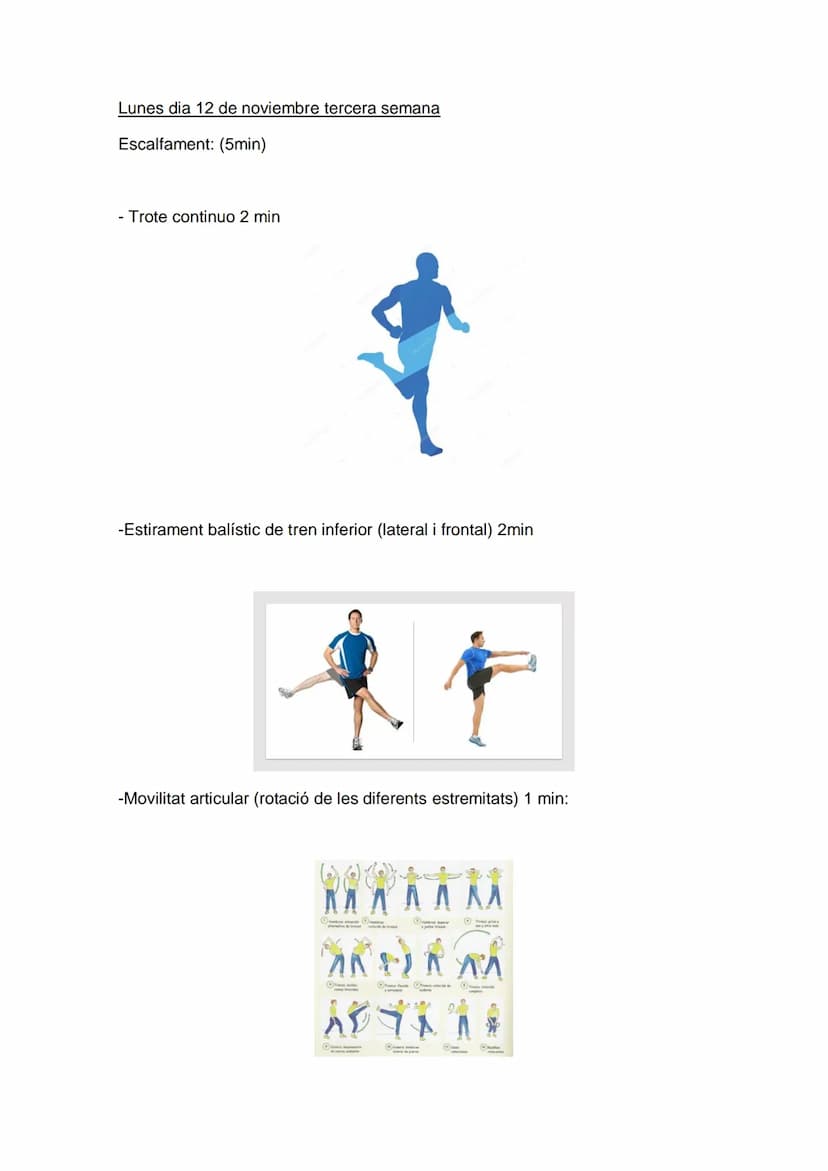 Lunes dia 5 de noviembre segunda semana
Escalfament: (5min)
- Trote continuo 2 min
-Estirament balístic de tren inferior (lateral i frontal)