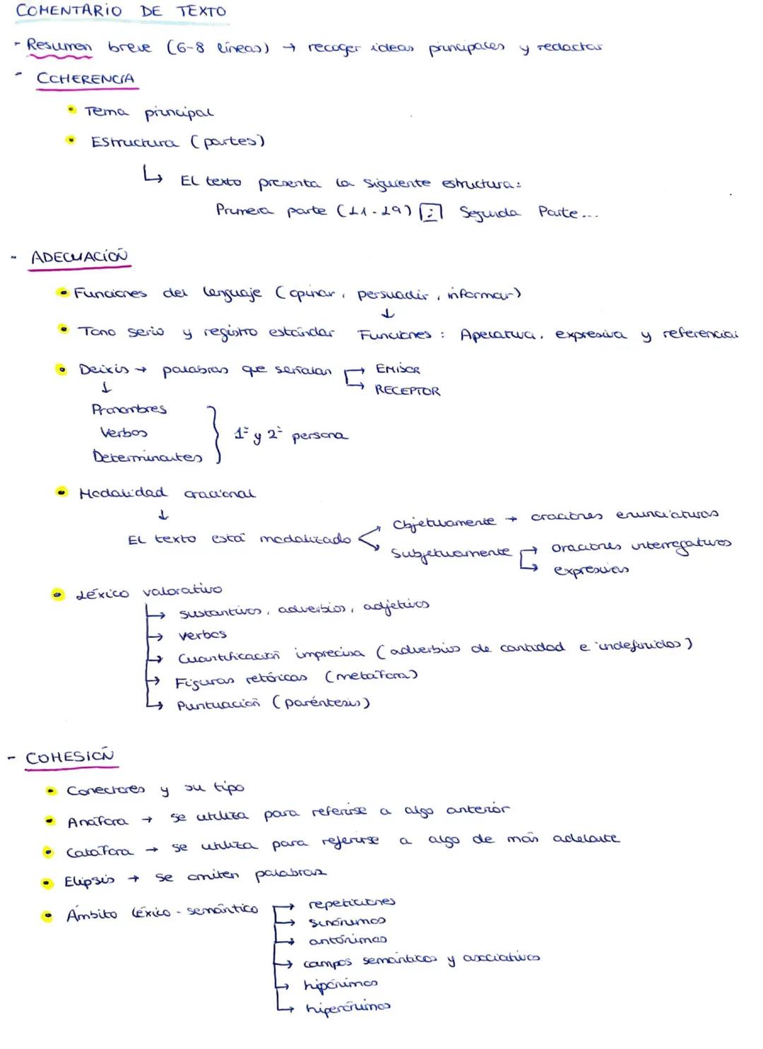 COMENTARIO DE TEXTO
Resumen breve (6-8 lineas) → recoger ideas
P
CCHERENCIA
ADECUACION
• Tema principal
O
6
Estructura (partes)
↳
.
Funcione