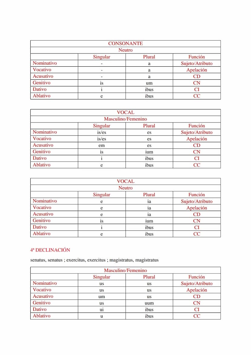 # DECLINACIONES LATÍN

# 1ª DECLINACIÓN

| Singular | Plural | Función |
|---|---|---|
| Nominativo | a | ae | Sujeto/Atributo |
| Vocativo 