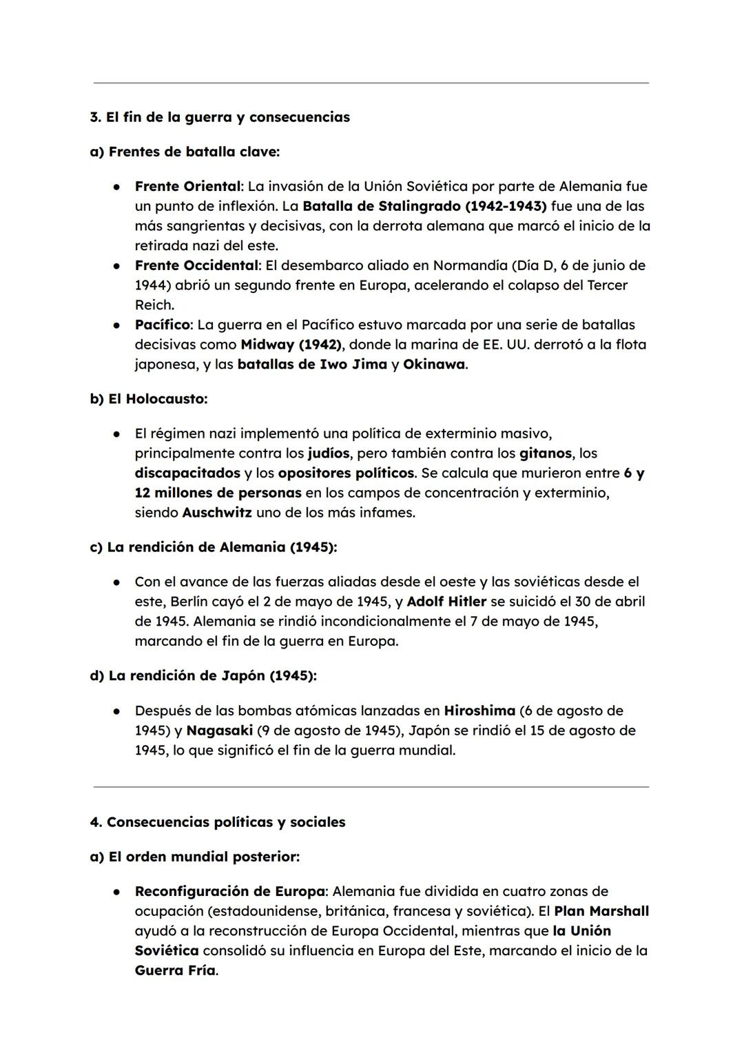 # Segunda Guerra Mundial (1939 - 1945)

1. Causas profundas de la Segunda Guerra Mundial

a) Tratado de Versalles (1919):

- Tras la Primera