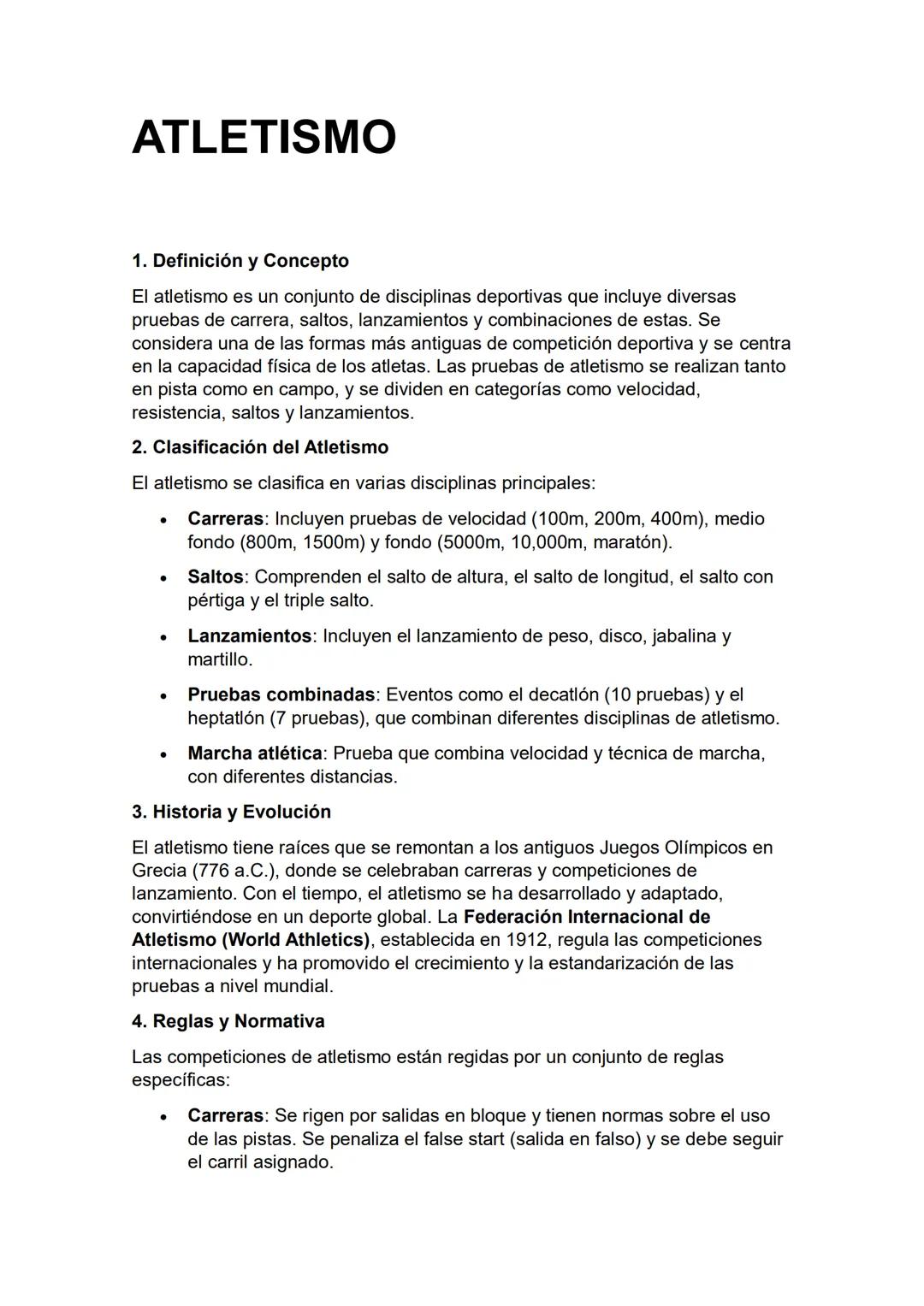 ATLETISMO
1. Definición y Concepto
El atletismo es un conjunto de disciplinas deportivas que incluye diversas
pruebas de carrera, saltos, la