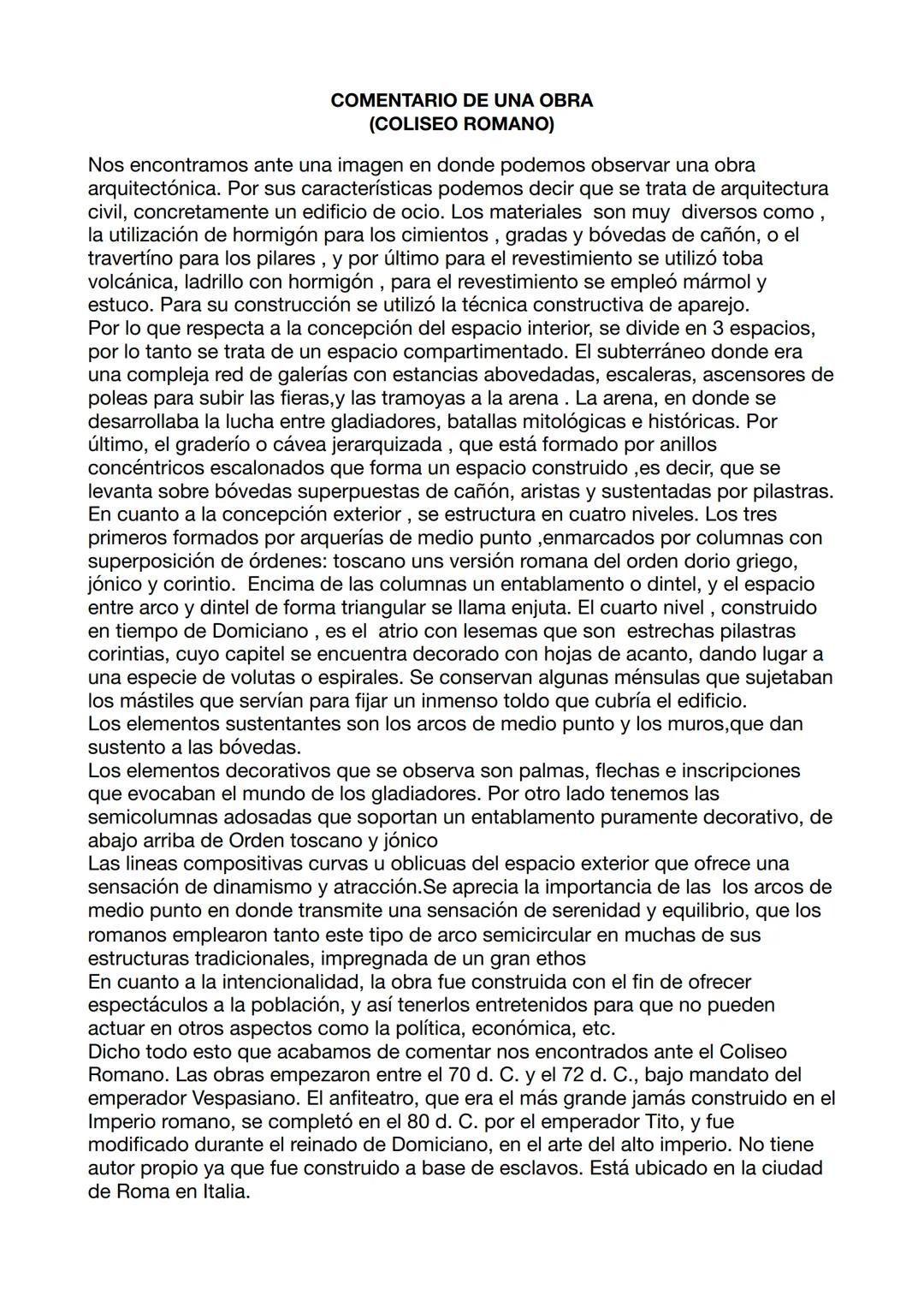 COMENTARIO DE UNA OBRA
(COLISEO ROMANO)
Nos encontramos ante una imagen en donde podemos observar una obra
arquitectónica. Por sus caracterí