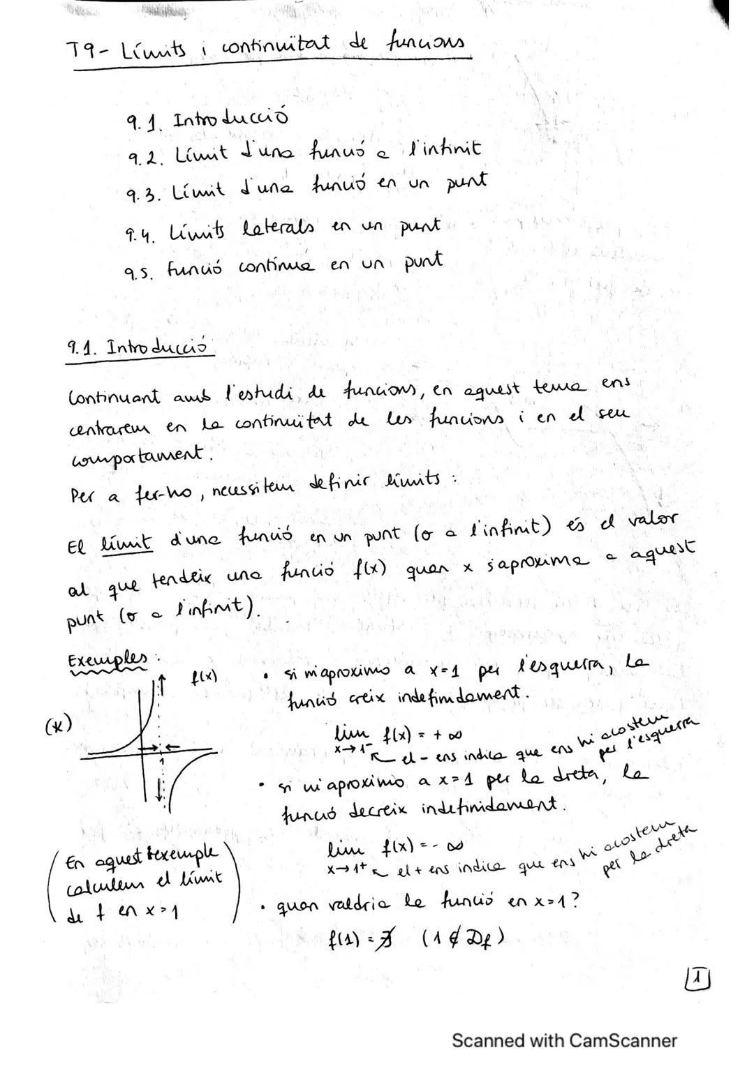 T9- Limits i continuïtat de funcions.
9.1. Introducció
9.2. Límit d'una funció
l'infinit
9.3. Límit d'une funció en un punt
9.4. Limits late