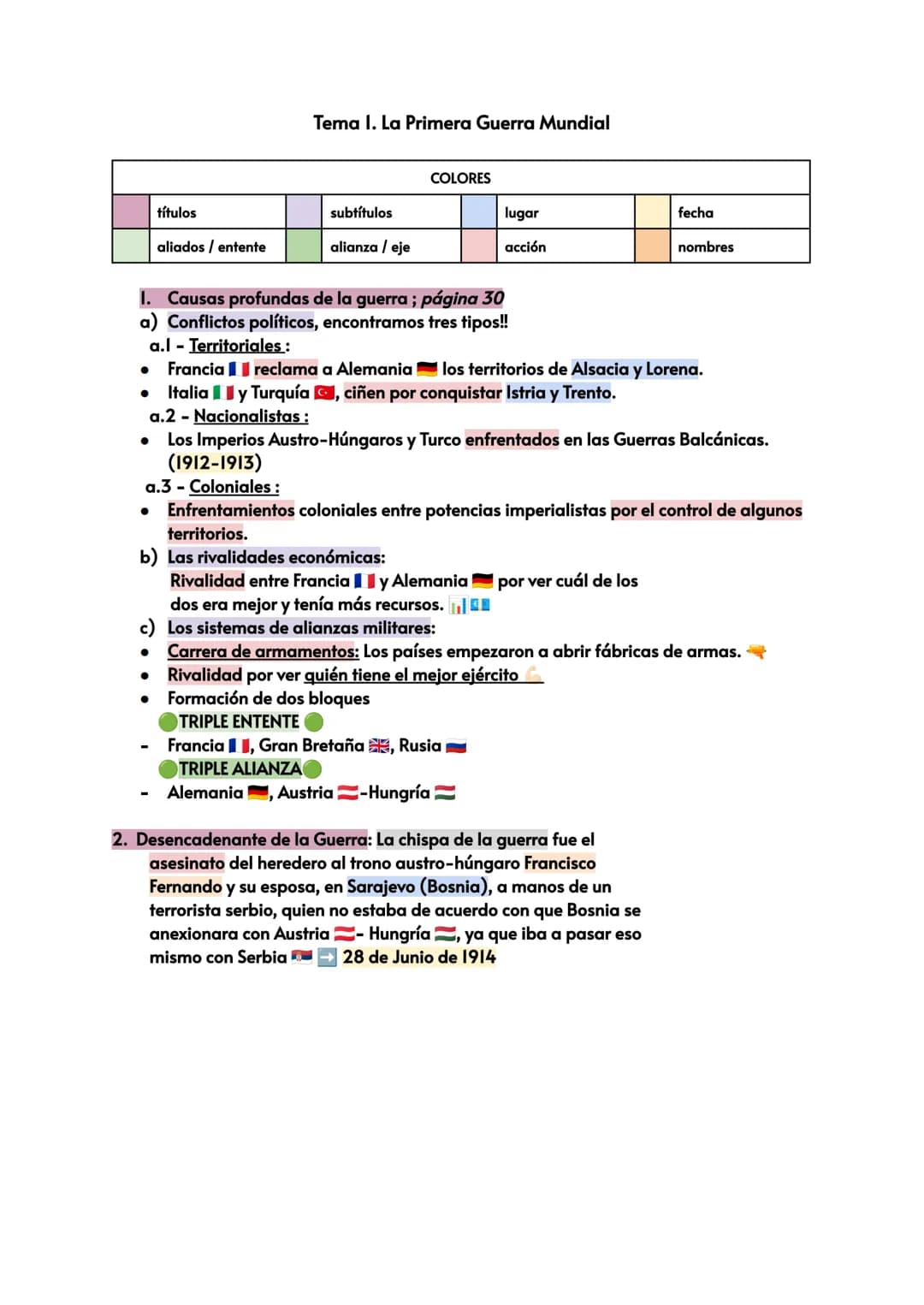 títulos
aliados / entente
Tema I. La Primera Guerra Mundial
●
subtítulos
alianza / eje
COLORES
I. Causas profundas de la guerra ; página 30
