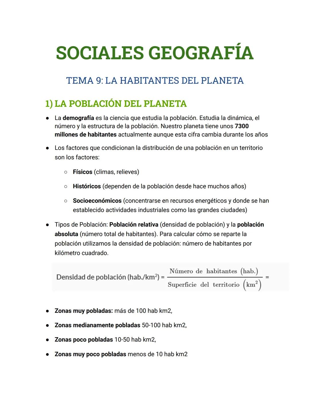 SOCIALES GEOGRAFÍA
●
TEMA 9: LA HABITANTES DEL PLANETA
1) LA POBLACIÓN DEL PLANETA
• La demografía es la ciencia que estudia la población. E