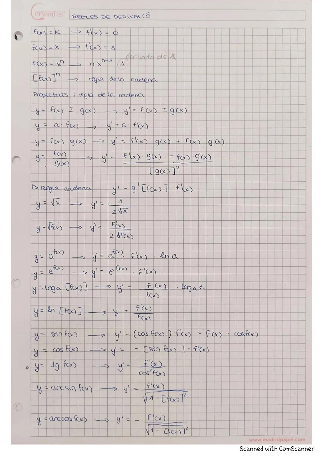 6
ervantes
f(x) = K
f(x) = x
f(x) = x?
[Fox]
y = f(x) + g(x)
y = a fox)
y =
regia de la
Propietats i regla de la cadena
y=√f(x)
▷ Regla cade