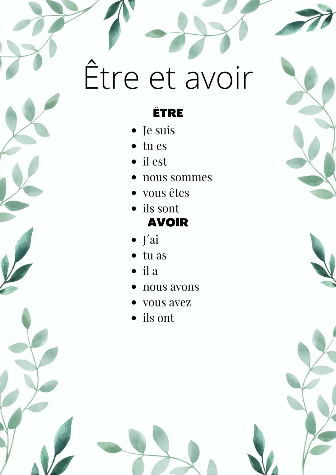 # Être et avoir

**ÊTRE**

*   Je suis
*   tu es
*   il est
*   nous sommes
*   vous êtes
*   ils sont

**AVOIR**

*   J'ai
*   tu as
*   il