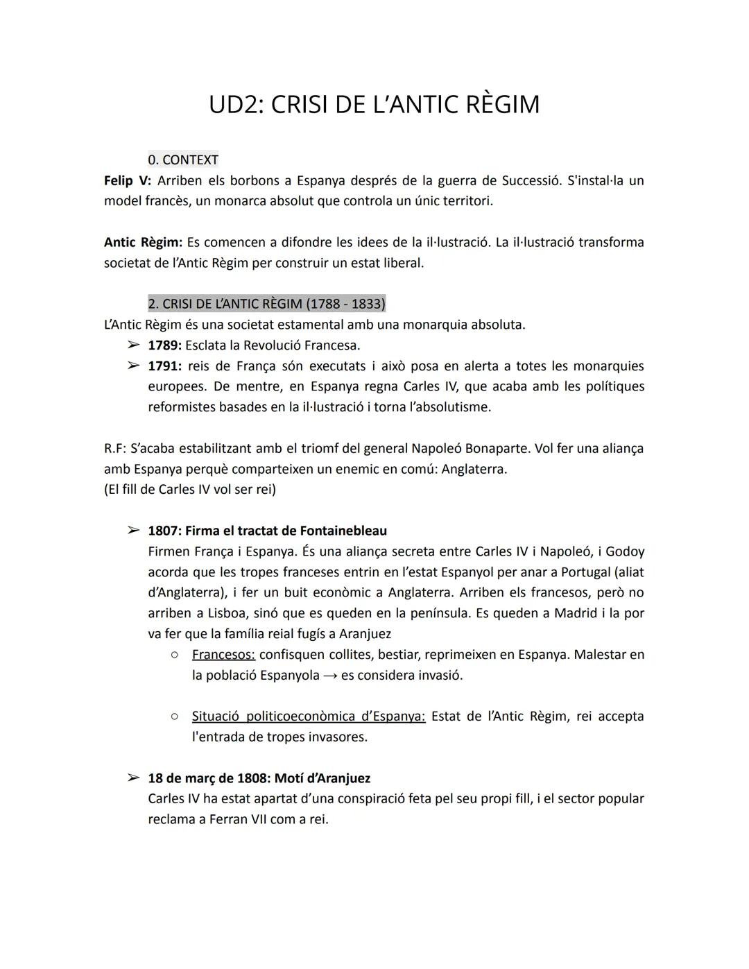 # UD2: CRISI DE L'ANTIC RÈGIM

0. CONTEXT

Felip V: Arriben els borbons a Espanya després de la guerra de Successió. S'instal·la un
model fr