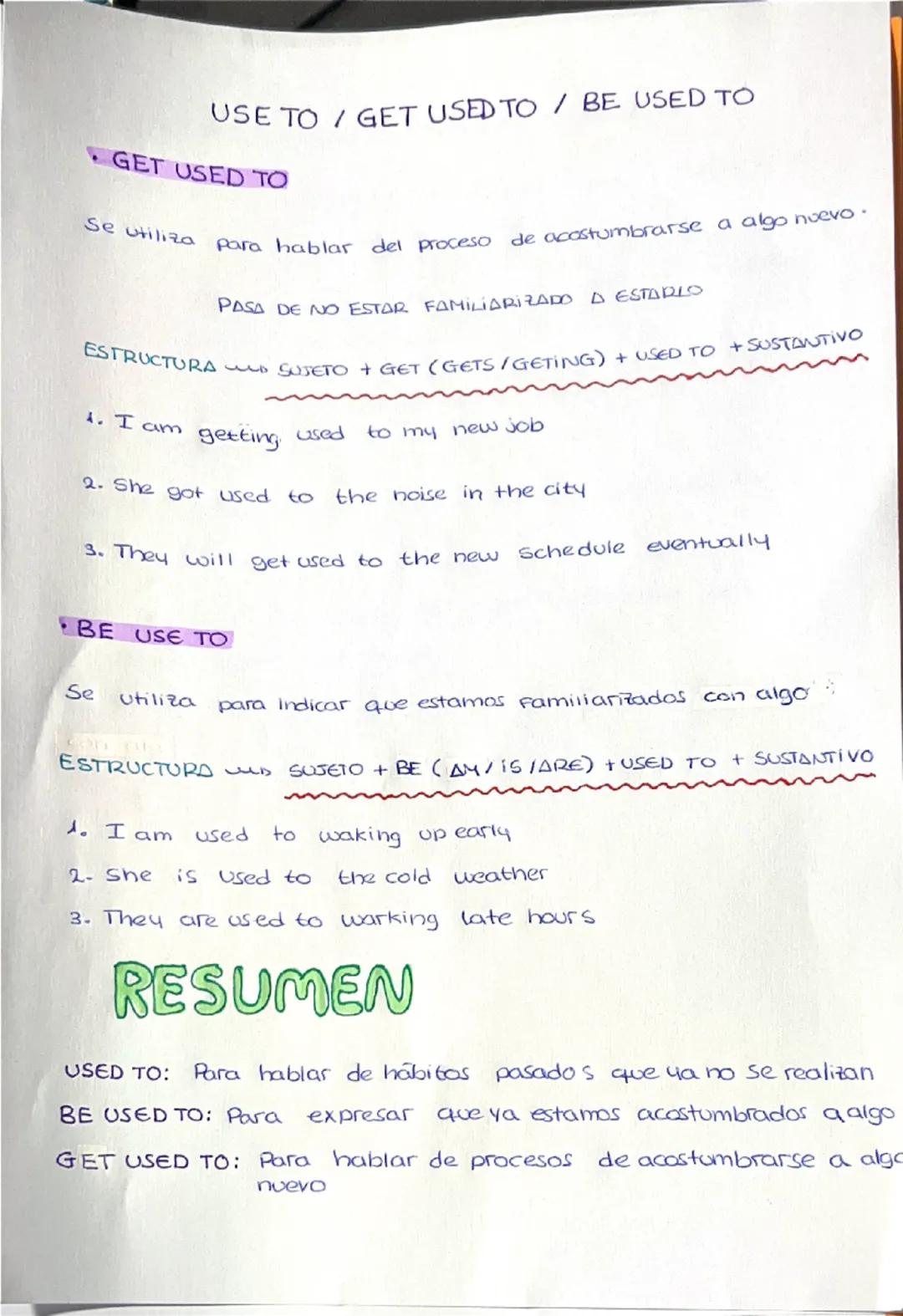 --- OCR Start ---
USE TO GET USED TO / BE USED TO
GET USED TO
Se utiliza para hablar del proceso de acostumbrarse a algo nuevo.
PASA DE NO E