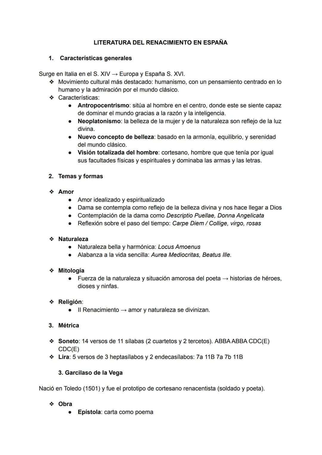 1. Características generales
Surge en Italia en el S. XIV → Europa y España S. XVI.
✰ Movimiento cultural más destacado: humanismo, con un p