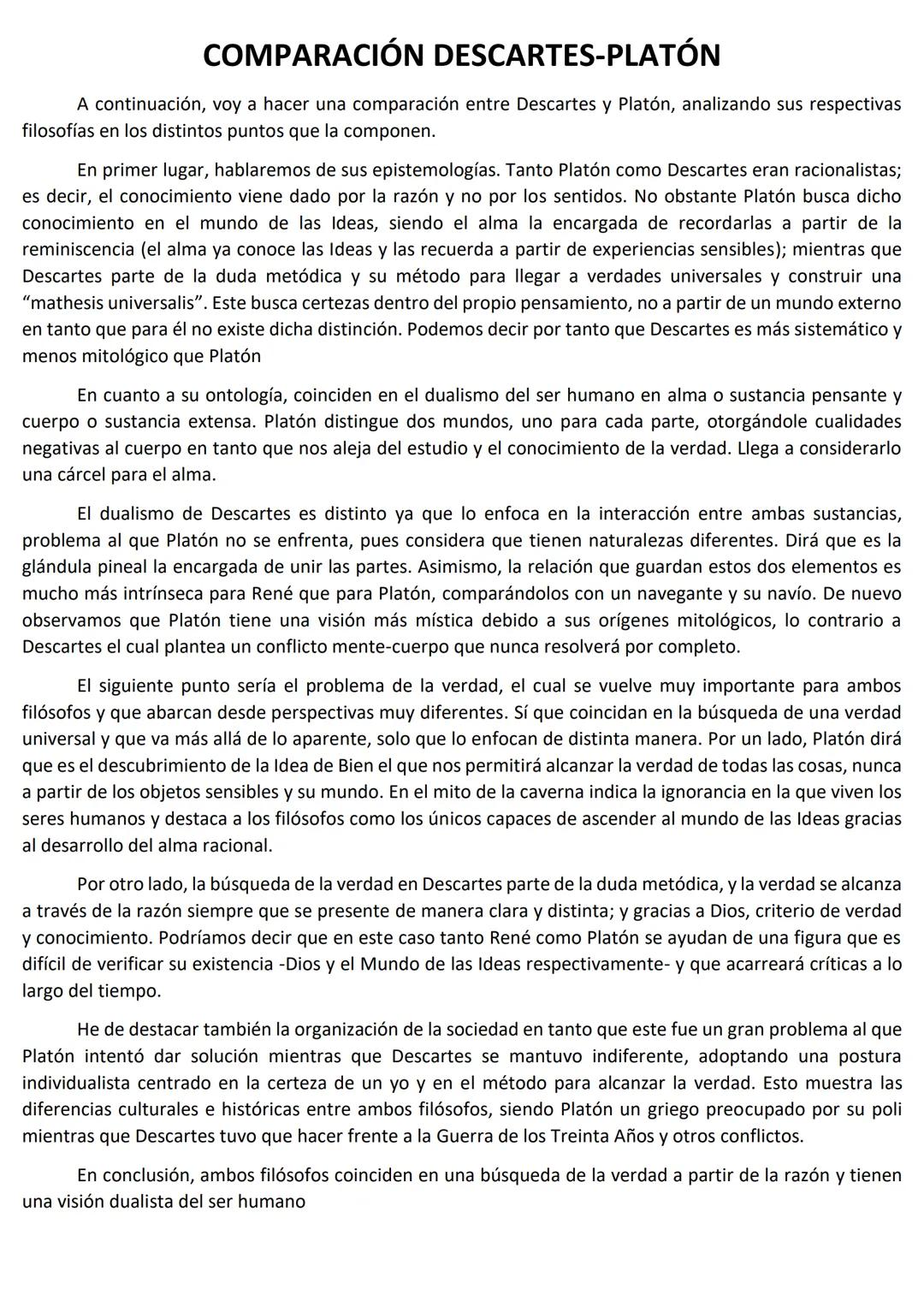 COMPARACIÓN DESCARTES-PLATÓN
A continuación, voy a hacer una comparación entre Descartes y Platón, analizando sus respectivas
filosofías en 