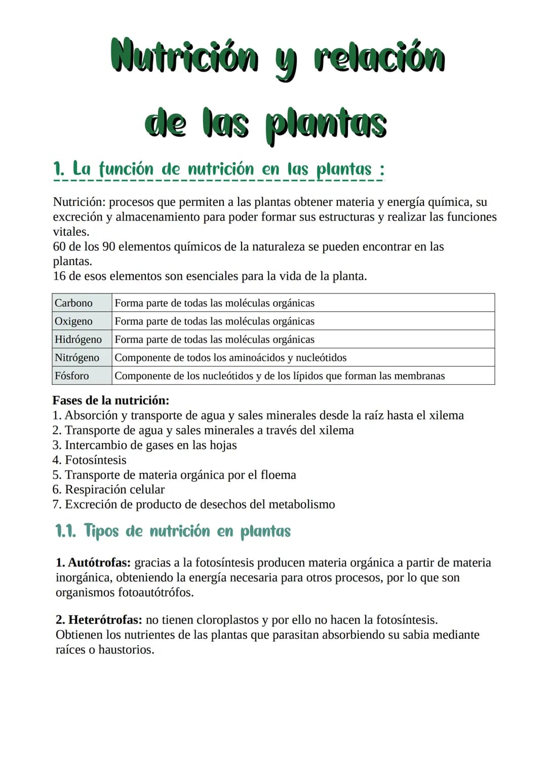 Nutrición y relación
de las plantas
1. La función de nutrición en las plantas :
Nutrición: procesos que permiten a las plantas obtener mater