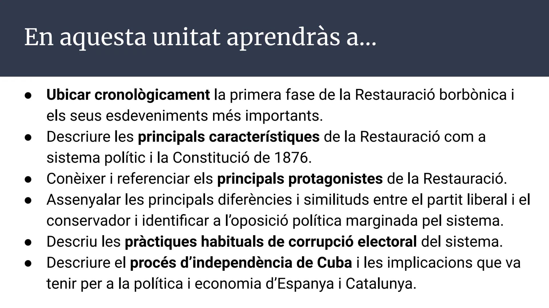 Unitat 2.
La Restauracio
Borbònica (1875-1898)
CON-SER-VA-DOR
LI-ES-RAC
CON-SER-VA-DOR
Història d'Espanya; 2n Batxillerat
España politica in