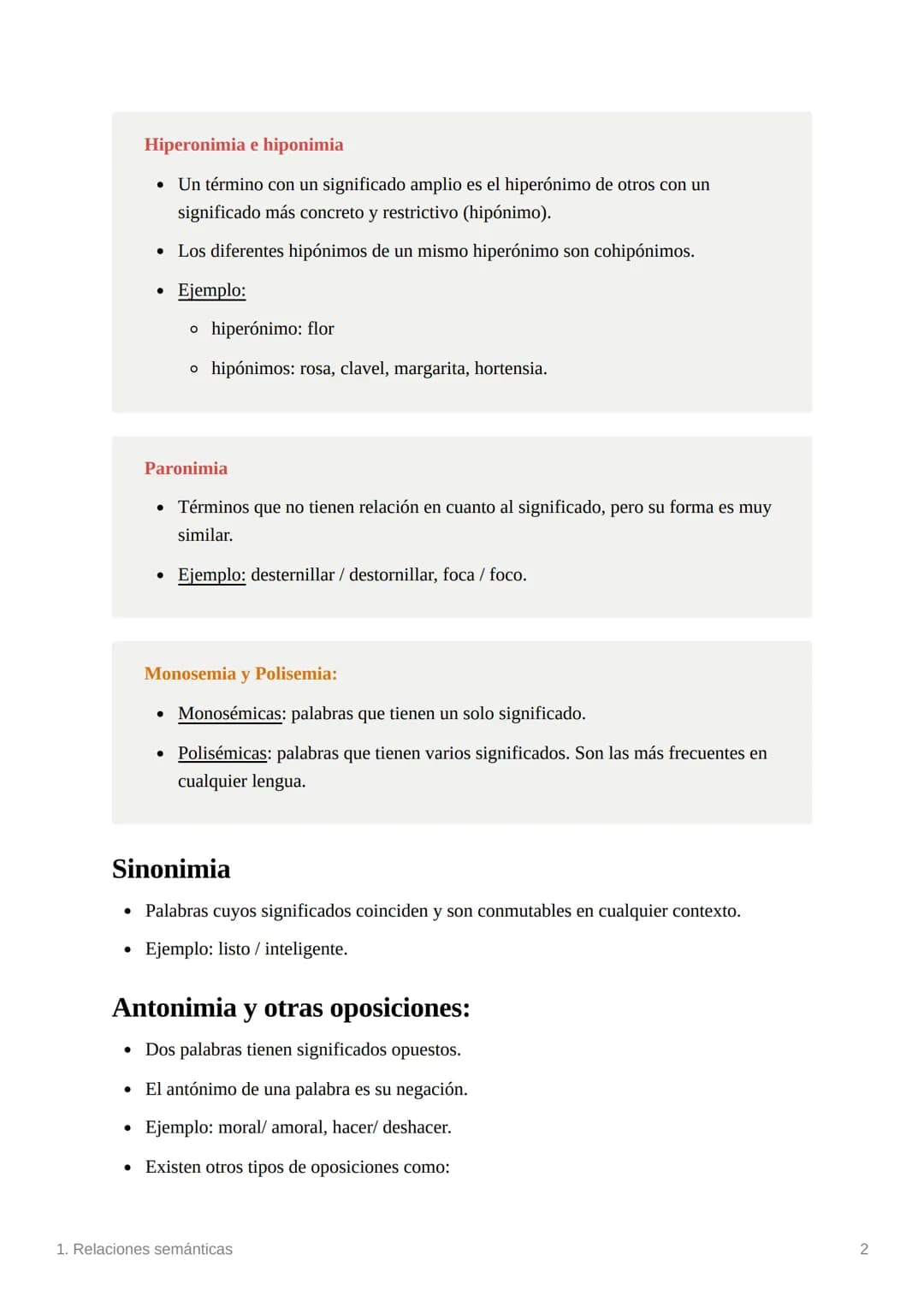 1. Relaciones semánticas
Sinonimia
• Palabras cuyos significados coinciden y son conmutables en cualquier contexto.
• Ejemplo: listo / intel