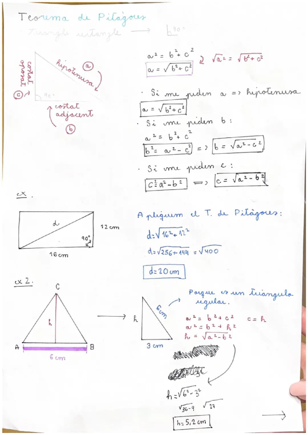Teorema de Pilagous
Triangle rectangle
oposat
costat
ex.
ex 2.
A
d
@
hipotenusa
costat
adjacent
6
h
16cm
6cm
90°
B
12 cm
0²
as
a =
-
Si
a=
6