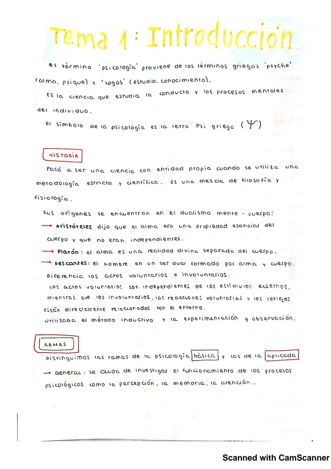 Tema 4: Introducción
El término psicologia proviene de los términos griegos 'psyche'
(alma, psique) y 'Logos' (estudio, conocimiento).
ES la
