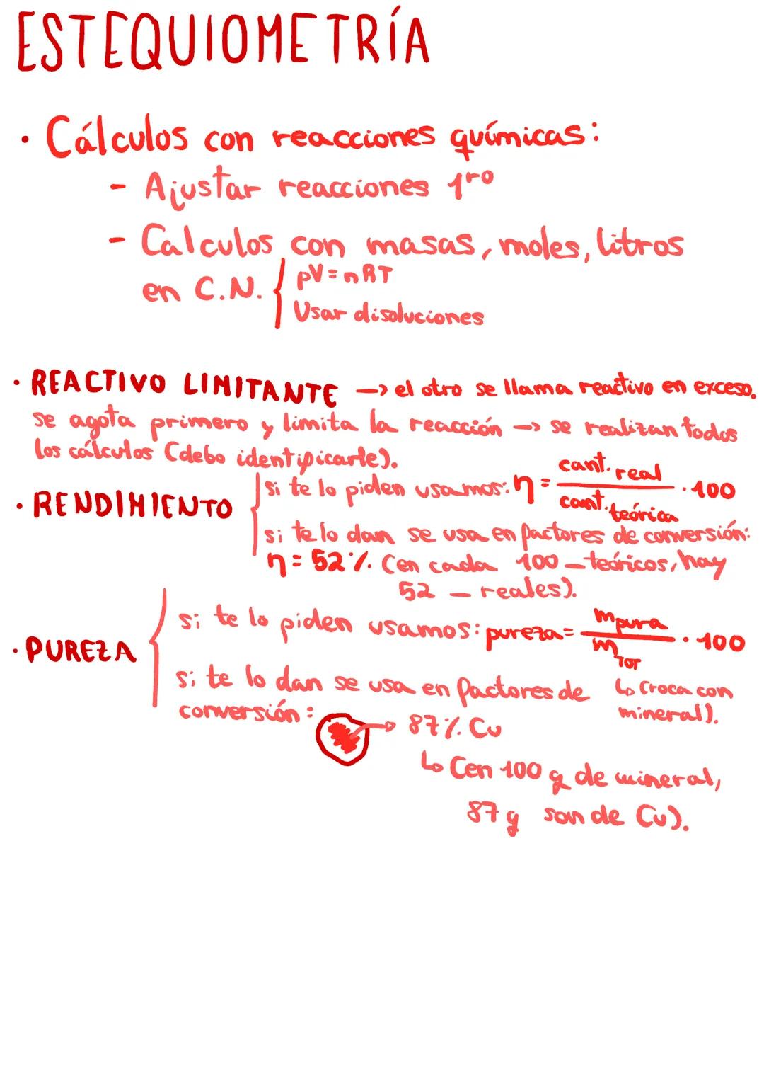 A ESTEQUIOMETRÍA
Cálculos con reacciones químicas:
- Ajustar reacciones pro
●
- Calculos con masas, moles, litros
en C.N. / PV=ORT
{
Usar di