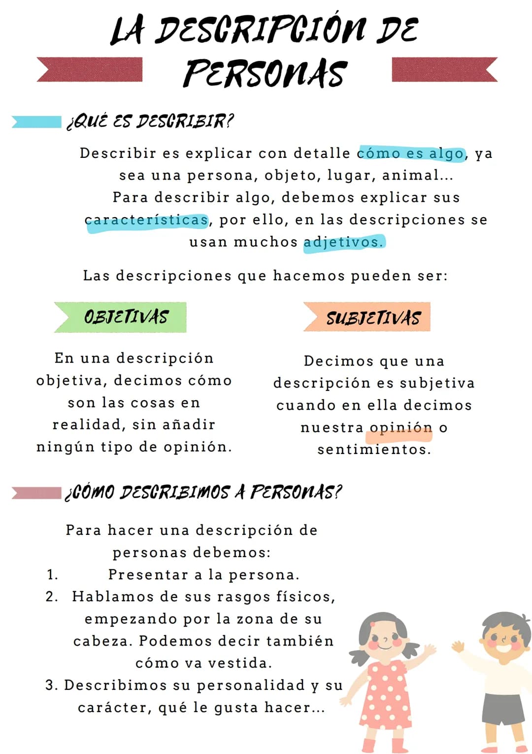 LA DESCRIPCIÓN DE
PERSONAS
1.
2.
| ¿QUÉ ES DESCRIBIR?
Describir es explicar con detalle cómo es algo, ya
sea una persona, objeto, lugar, ani