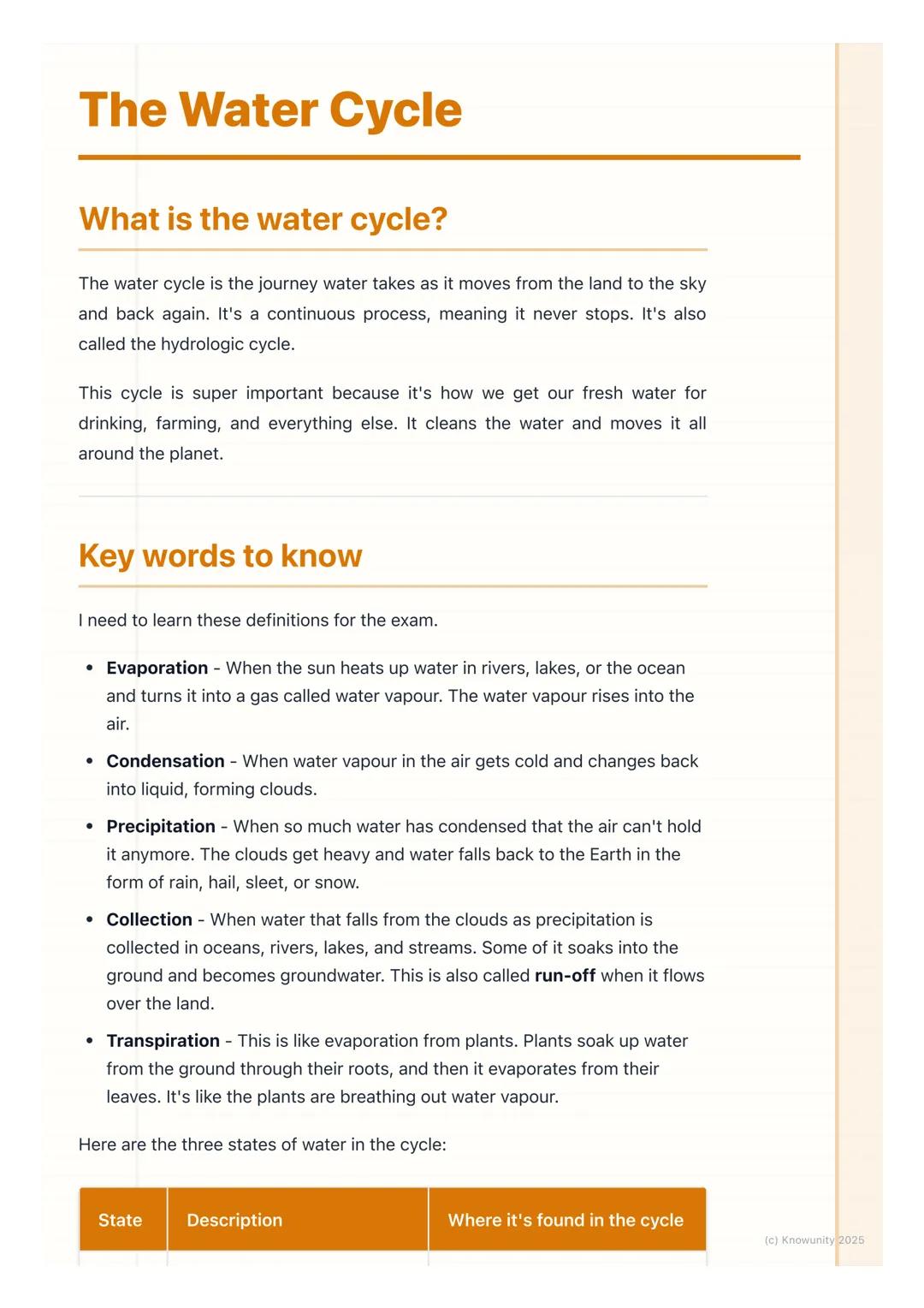 # The Water Cycle

## What is the water cycle?

The water cycle is the journey water takes as it moves from the land to the sky
and back aga