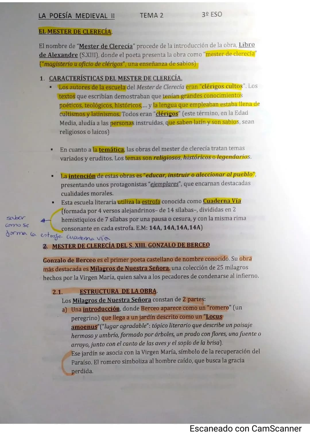LA POESÍA MEDIEVAL II
EL MESTER DE CLERECÍA.
El nombre de "Mester de Clerecía" procede de la introducción de la obra, Libro
de Alexandre (S.