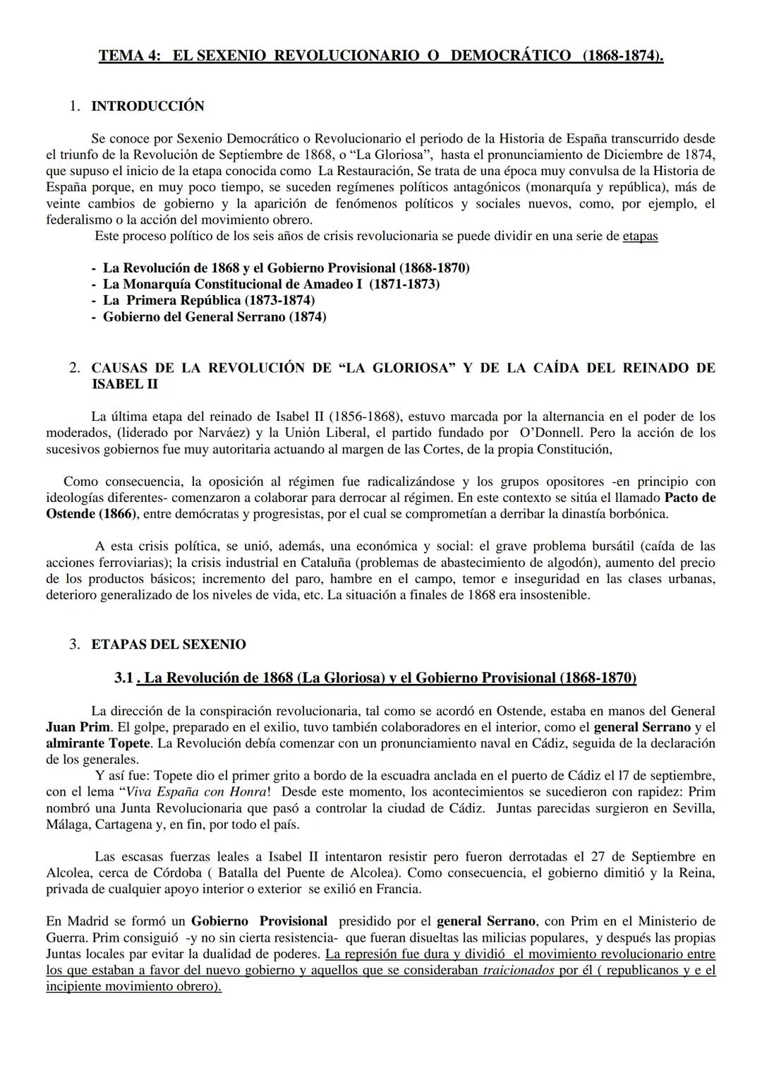 TEMA 4: EL SEXENIO REVOLUCIONARIO O DEMOCRÁTICO (1868-1874).
1. INTRODUCCIÓN
Se conoce por Sexenio Democrático o Revolucionario el periodo d