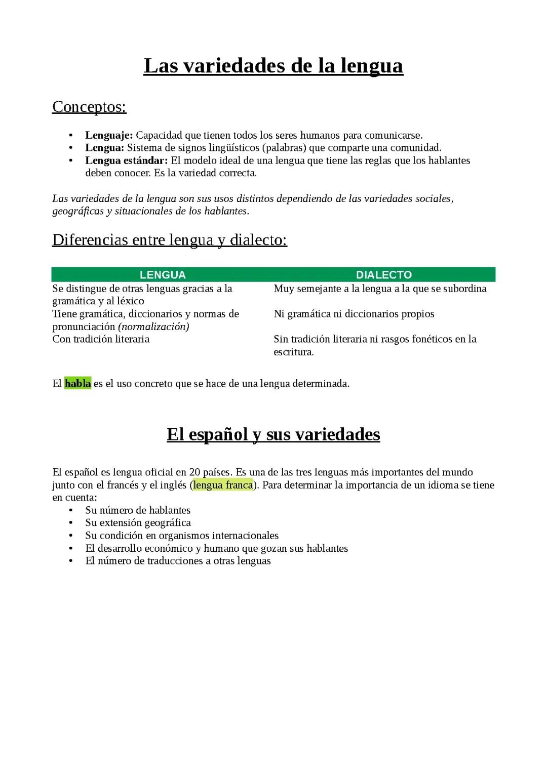 Las variedades de la lengua