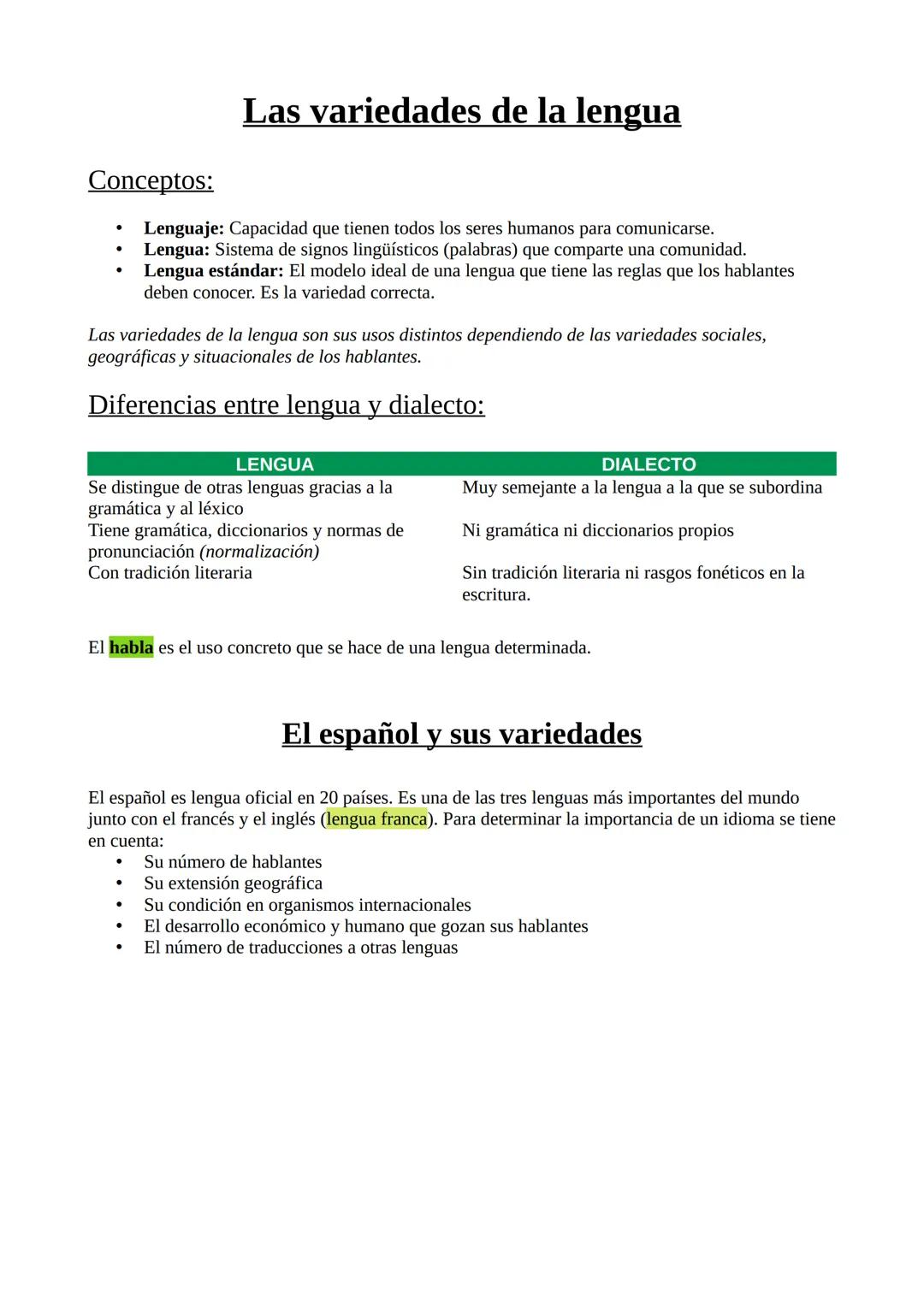 Conceptos:
●
●
●
Las variedades de la lengua son sus usos distintos dependiendo de las variedades sociales,
geográficas y situacionales de l