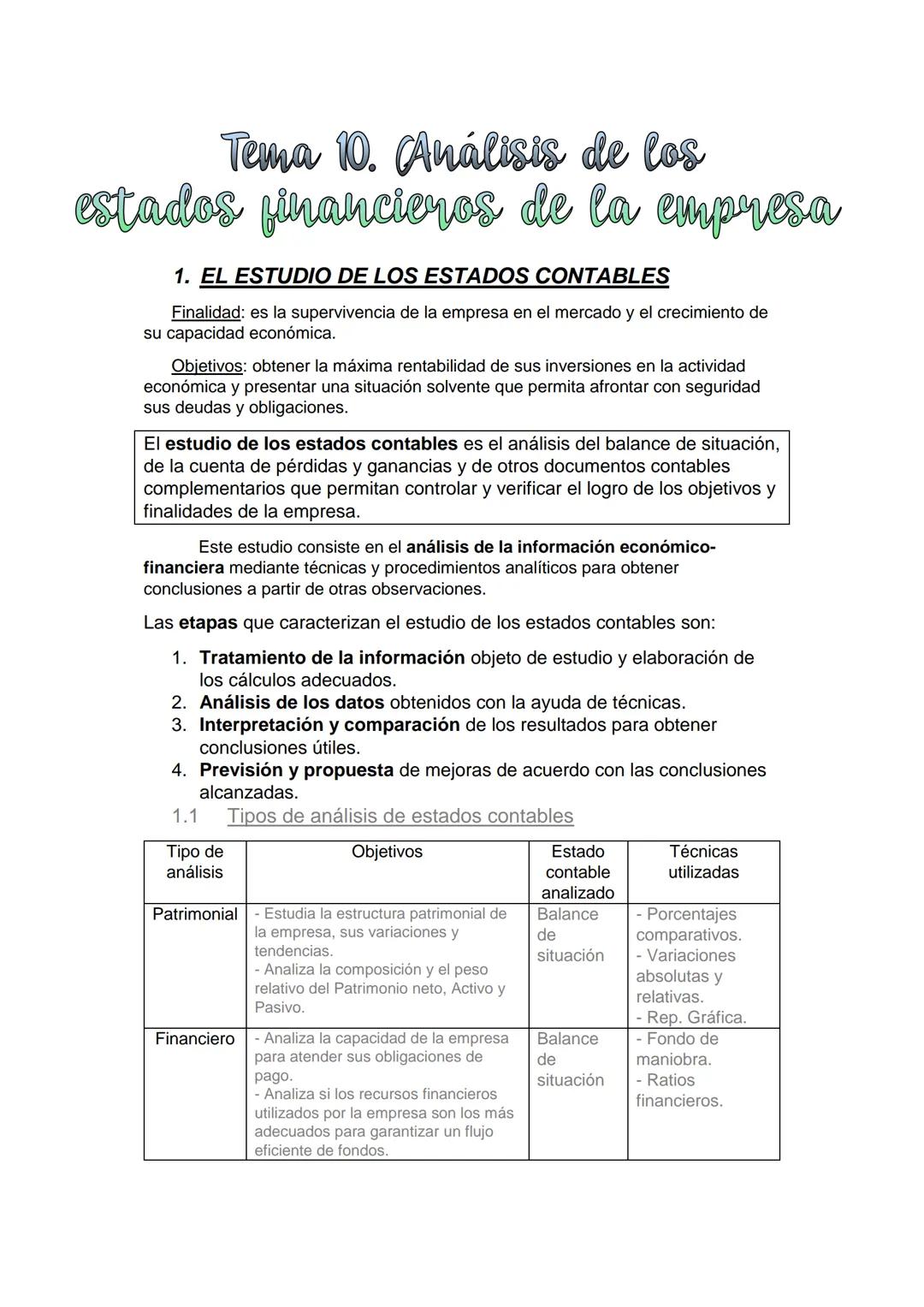 Tema 10. (Análisis de los
estados financieros de la empresa
1. EL ESTUDIO DE LOS ESTADOS CONTABLES
Finalidad: es la supervivencia de la empr