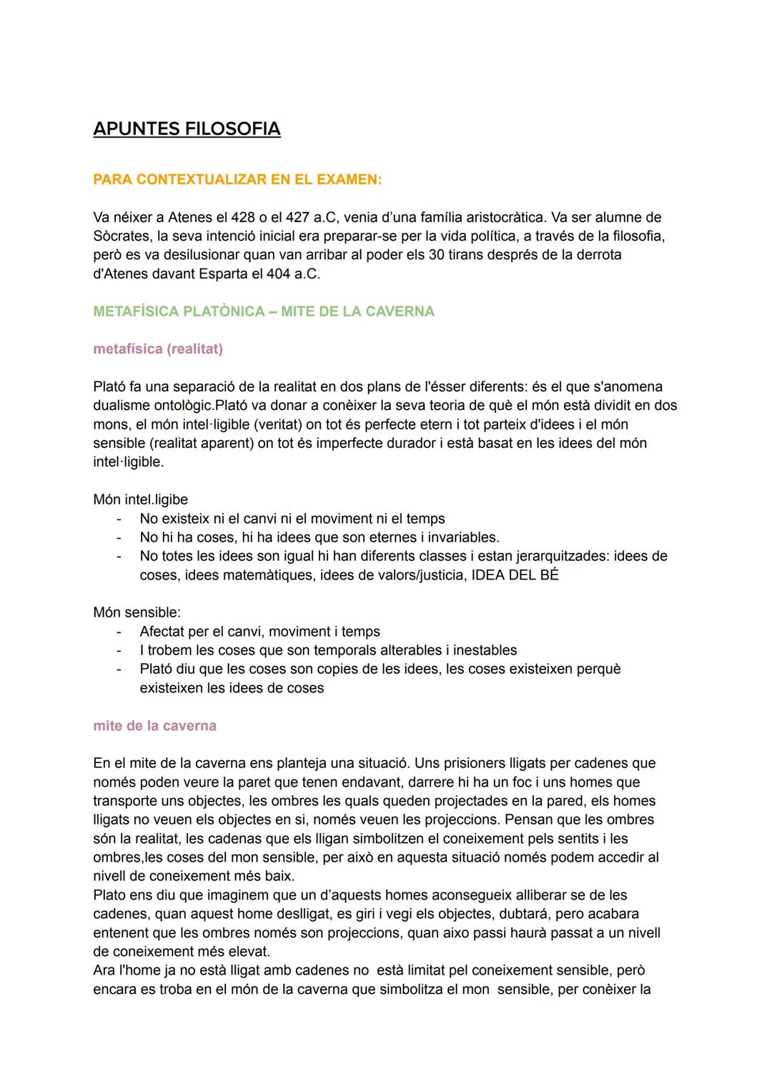 Platón y la Teoría del Conocimiento. Mito de la caverna. Apuntes escritos a partir de Lluna pineda. 