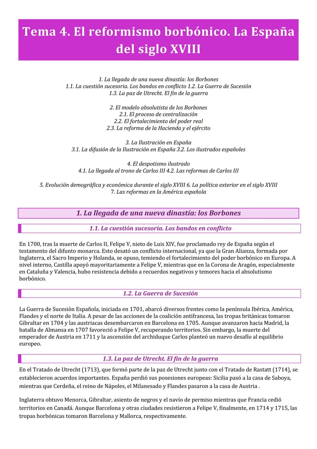 Tema 4. El reformismo borbónico. La España
del siglo XVIII
1. La llegada de una nueva dinastía: los Borbones
1.1. La cuestión sucesoria. Los
