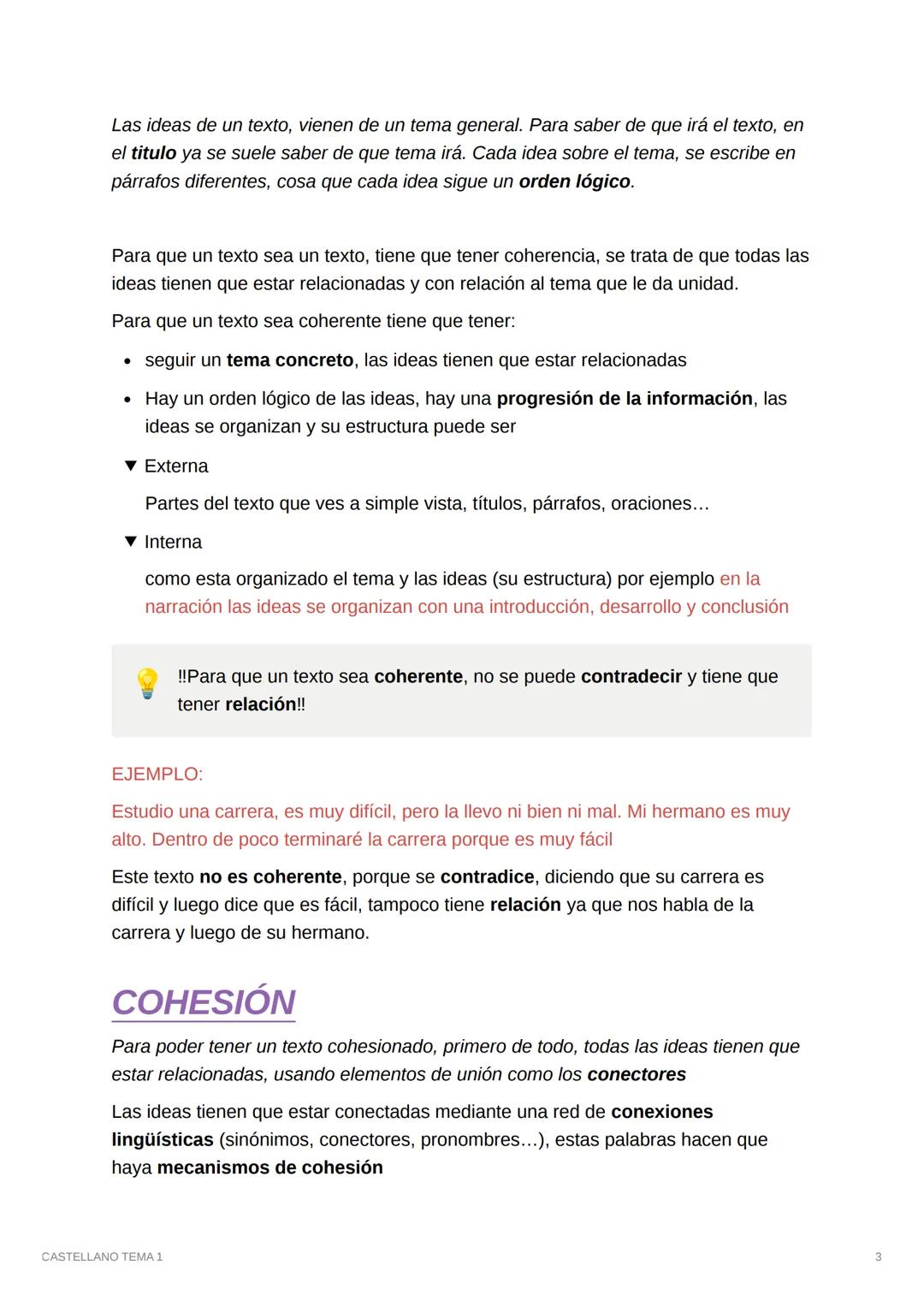 1
CASTELLANO TEMA 1
Las características del texto
TEXTO
Un texto es la unidad máxima de comunicación lingüística extensión variable
Cada pár