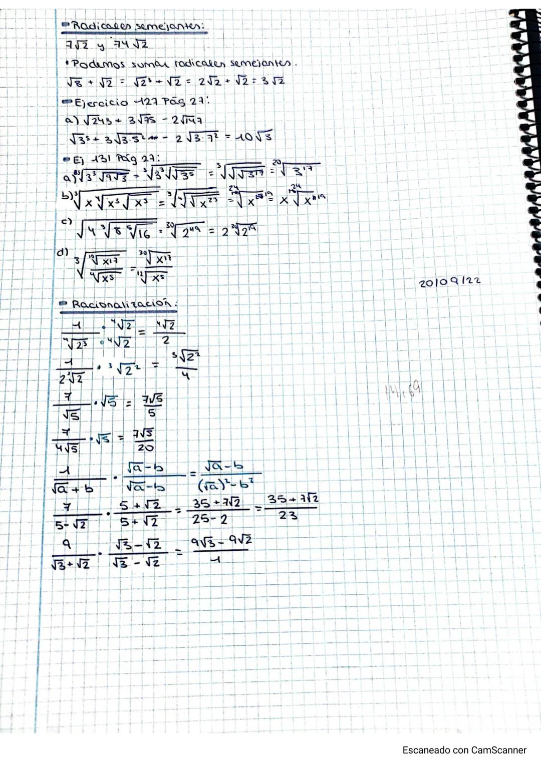- EVALUACION

UNIDAD 1: N° Reales

- Ejercicio 49 Pág 14:

a) $\sqrt[5]{2^3\sqrt{2}\sqrt{2}} = \sqrt[5]{2^3 2^{\frac{1}{2}} 2^{\frac{1}{4}}}