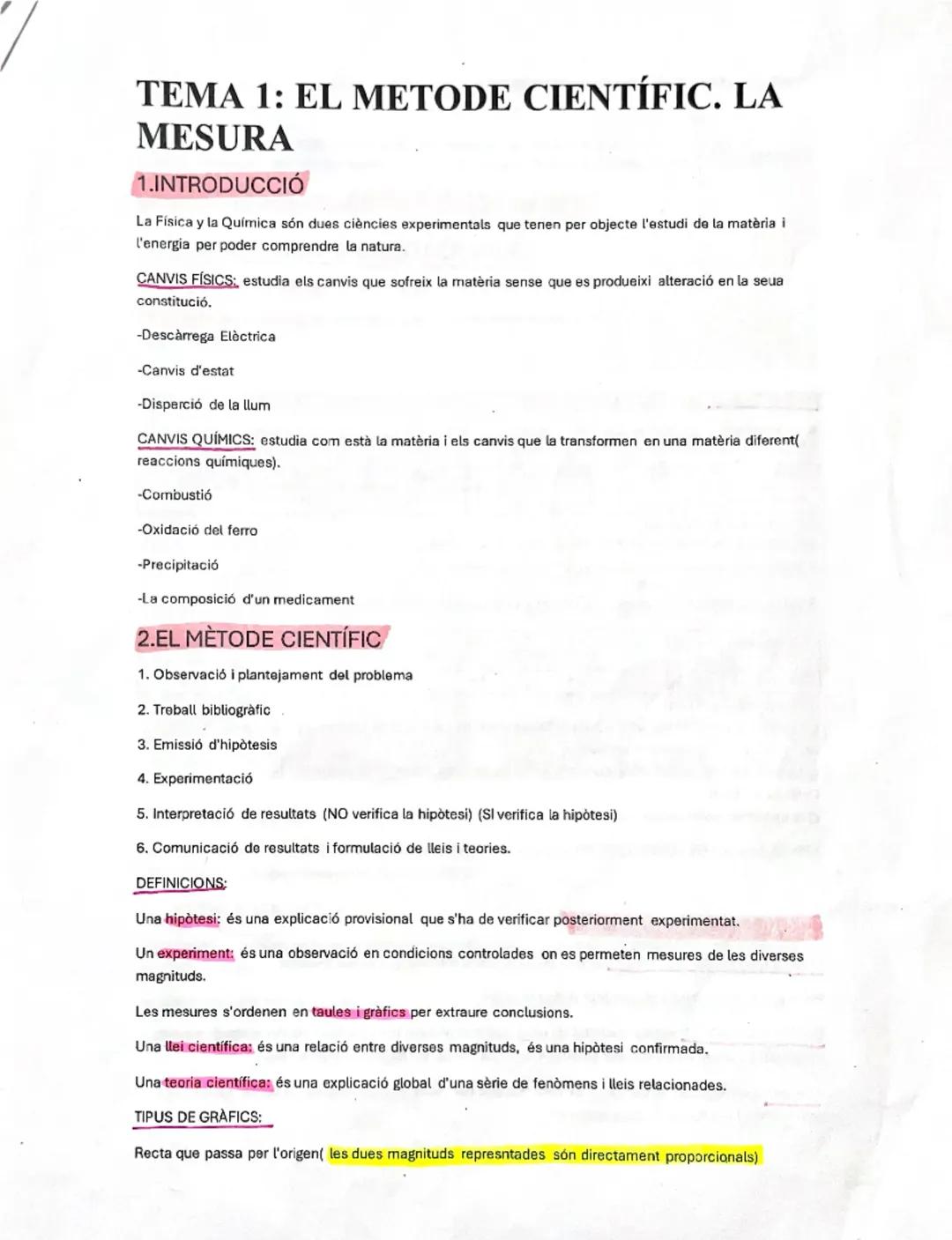 TEMA 1: EL METODE CIENTÍFIC. LA
MESURA
1.INTRODUCCIÓ
La Física y la Química són dues ciències experimentals que tenen per objecte l'estudi d