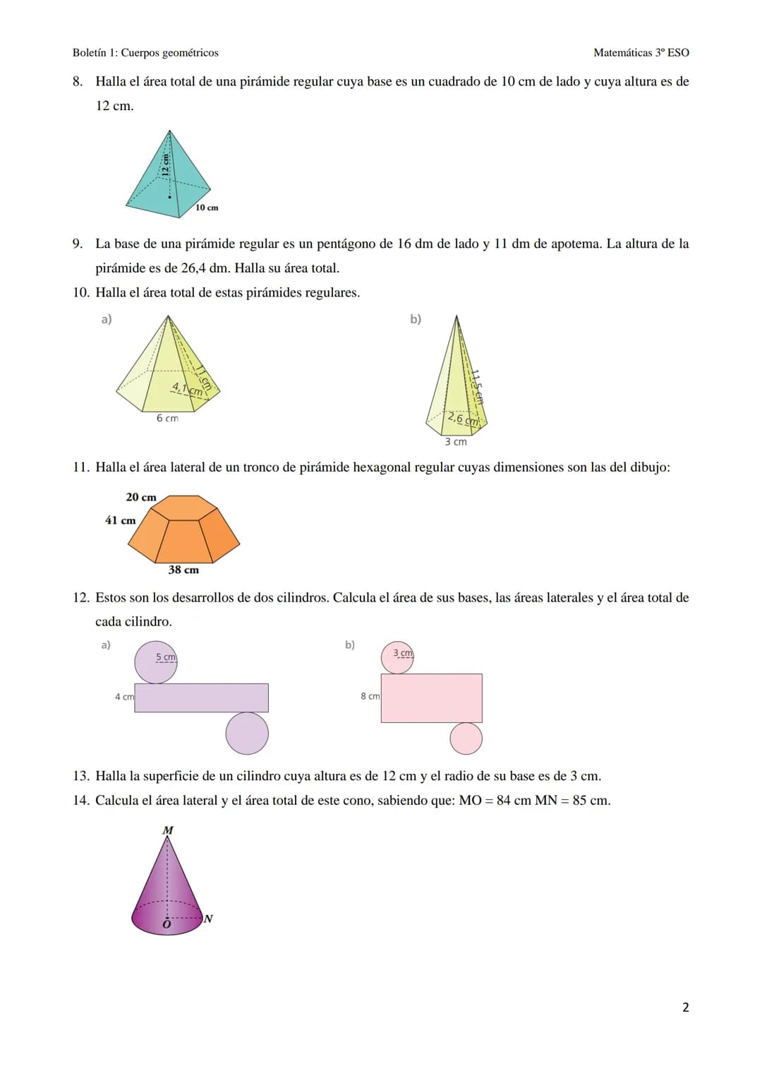 Boletín 9: Cuerpos geométricos
CUERPOS GEOMÉTRICOS
1. Copia y completa la tabla con el número de caras, vértices y aristas de cada poliedro: