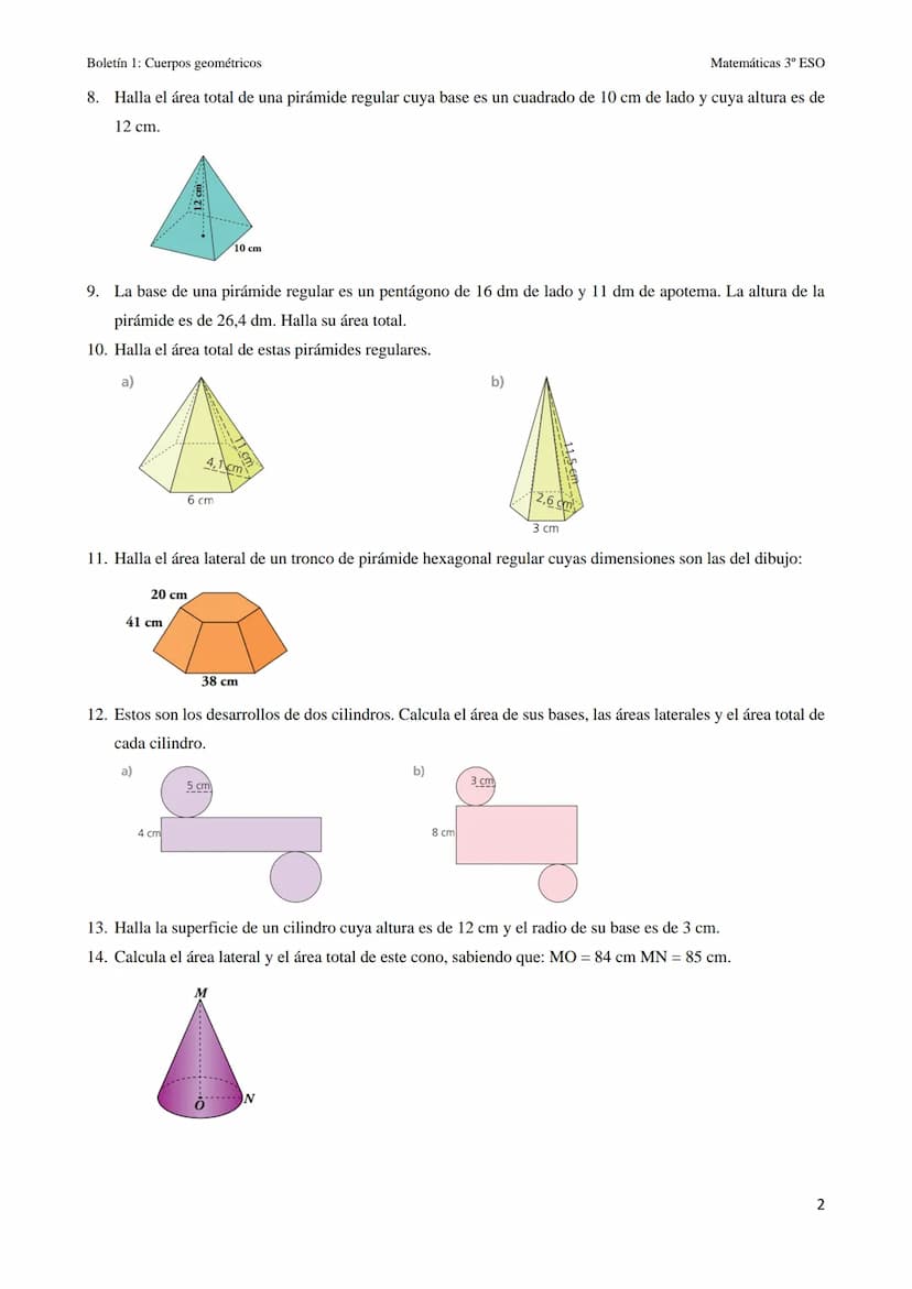 Boletín 9: Cuerpos geométricos
CUERPOS GEOMÉTRICOS
1. Copia y completa la tabla con el número de caras, vértices y aristas de cada poliedro: