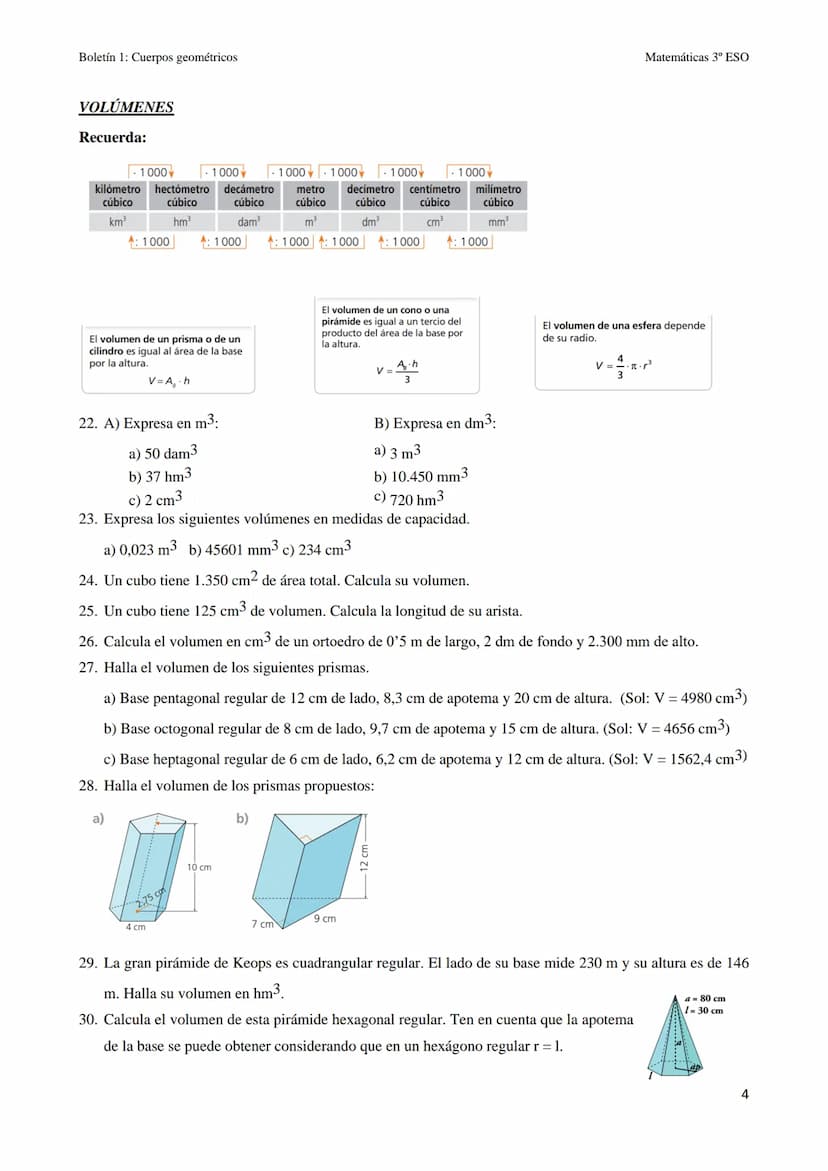 Boletín 9: Cuerpos geométricos
CUERPOS GEOMÉTRICOS
1. Copia y completa la tabla con el número de caras, vértices y aristas de cada poliedro: