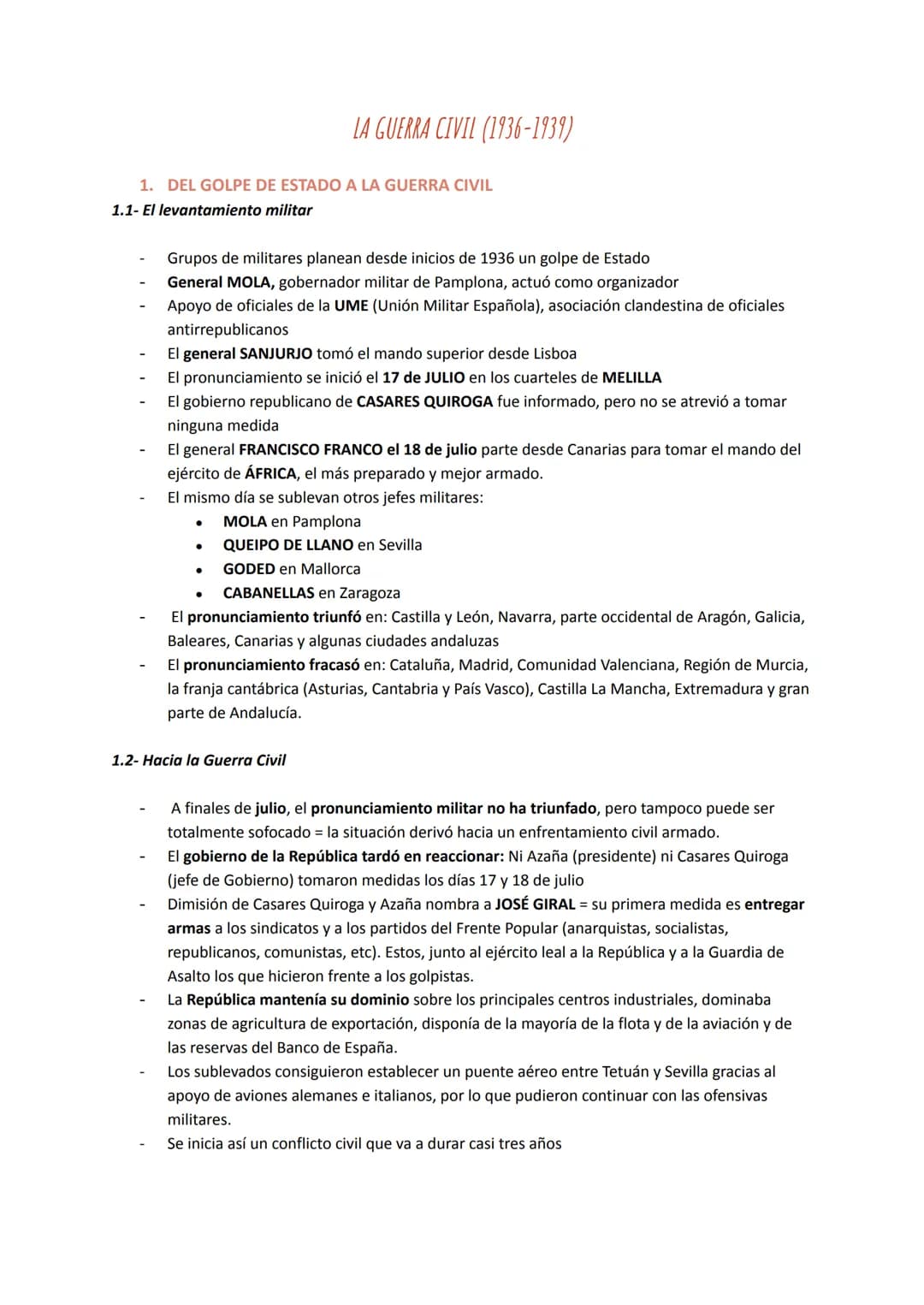 LA GUERRA CIVIL (1936-1939)
1. DEL GOLPE DE ESTADO A LA GUERRA CIVIL
1.1- El levantamiento militar
Grupos de militares planean desde inicios