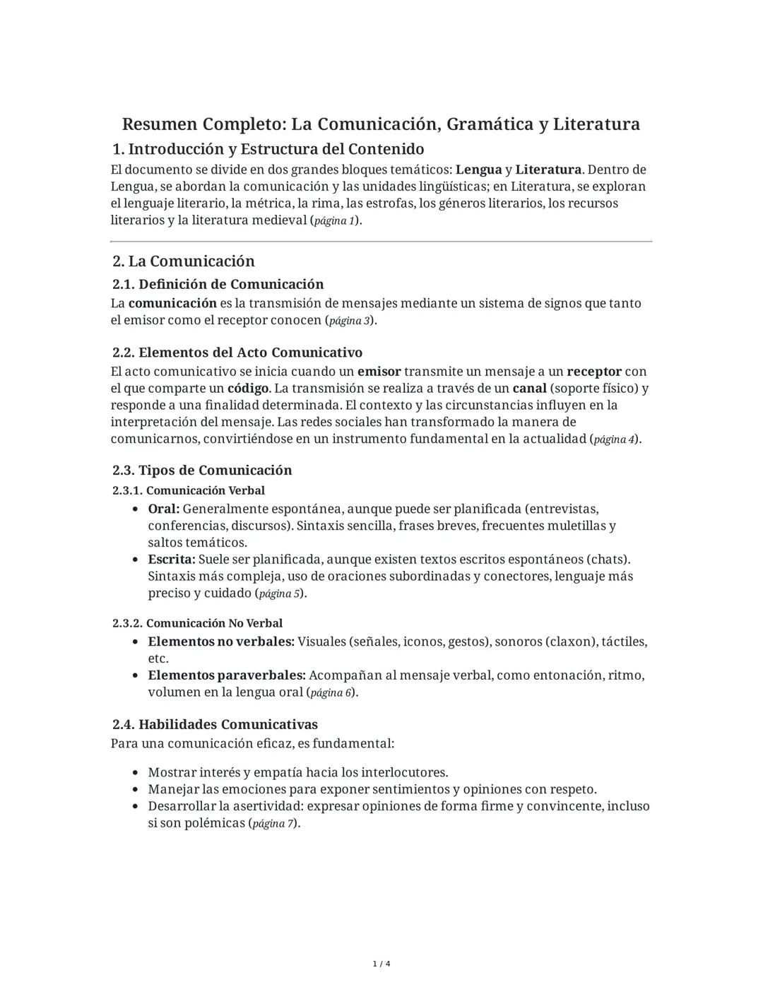 # Resumen Completo: La Comunicación, Gramática y Literatura

## 1. Introducción y Estructura del Contenido

El documento se divide en dos gr