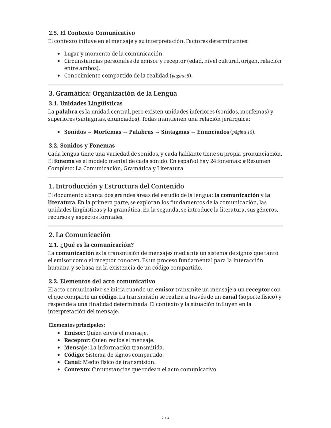# Resumen Completo: La Comunicación, Gramática y Literatura

## 1. Introducción y Estructura del Contenido

El documento se divide en dos gr