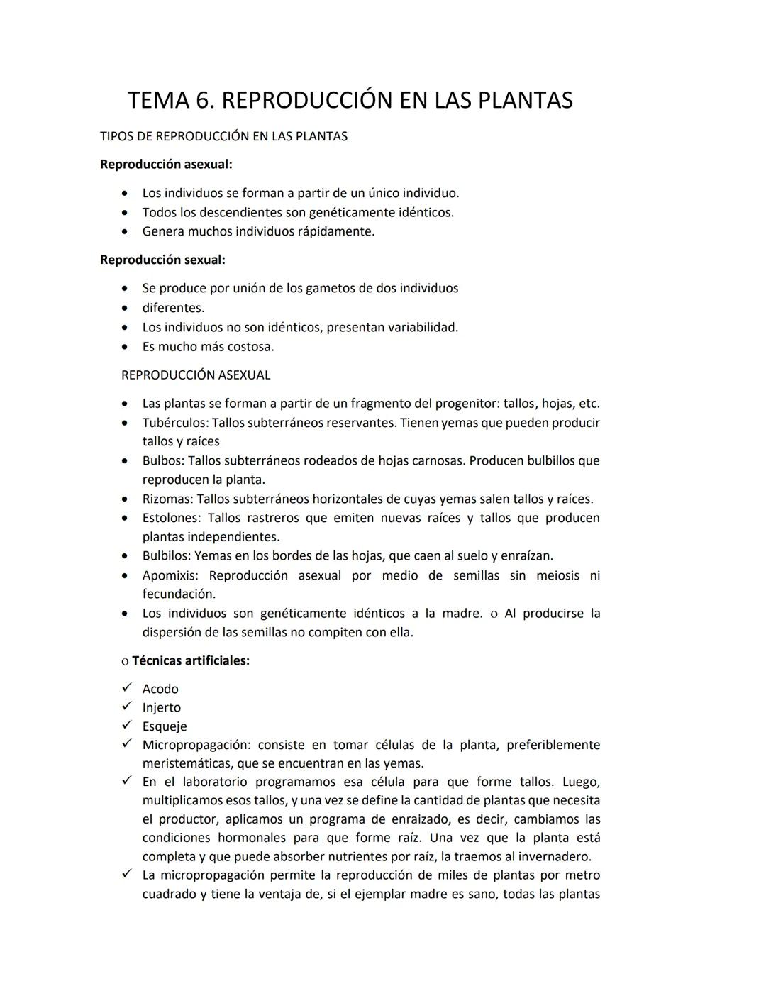 # TEMA 6. REPRODUCCIÓN EN LAS PLANTAS

TIPOS DE REPRODUCCIÓN EN LAS PLANTAS

Reproducción asexual:

- Los individuos se forman a partir de u