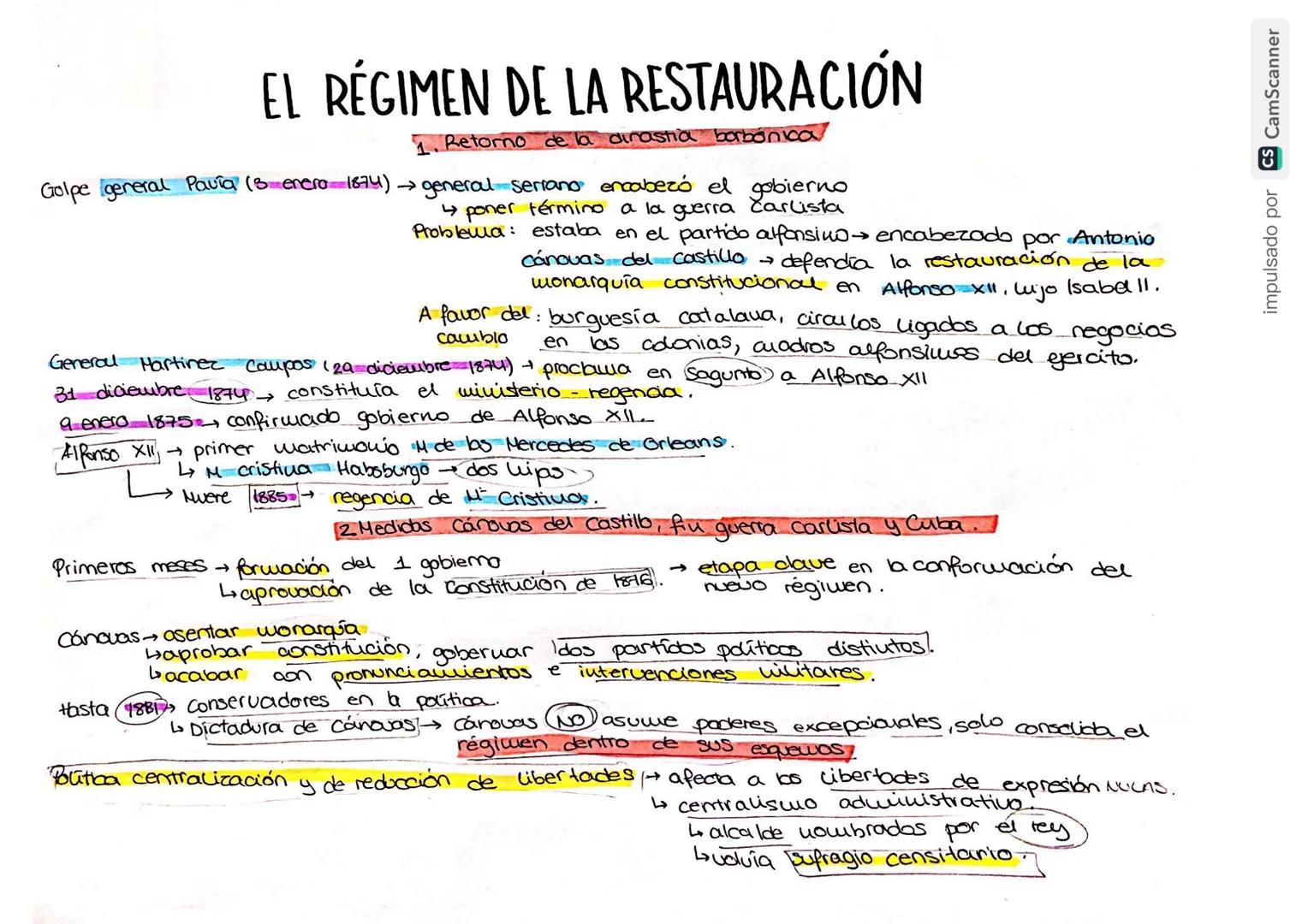 # EL RÉGIMEN DE LA RESTAURACIÓN

1. Retorno de la dinastia borbónica

Golpe general Pauía (3 enero 1874) → general serrano encabezó el gobie