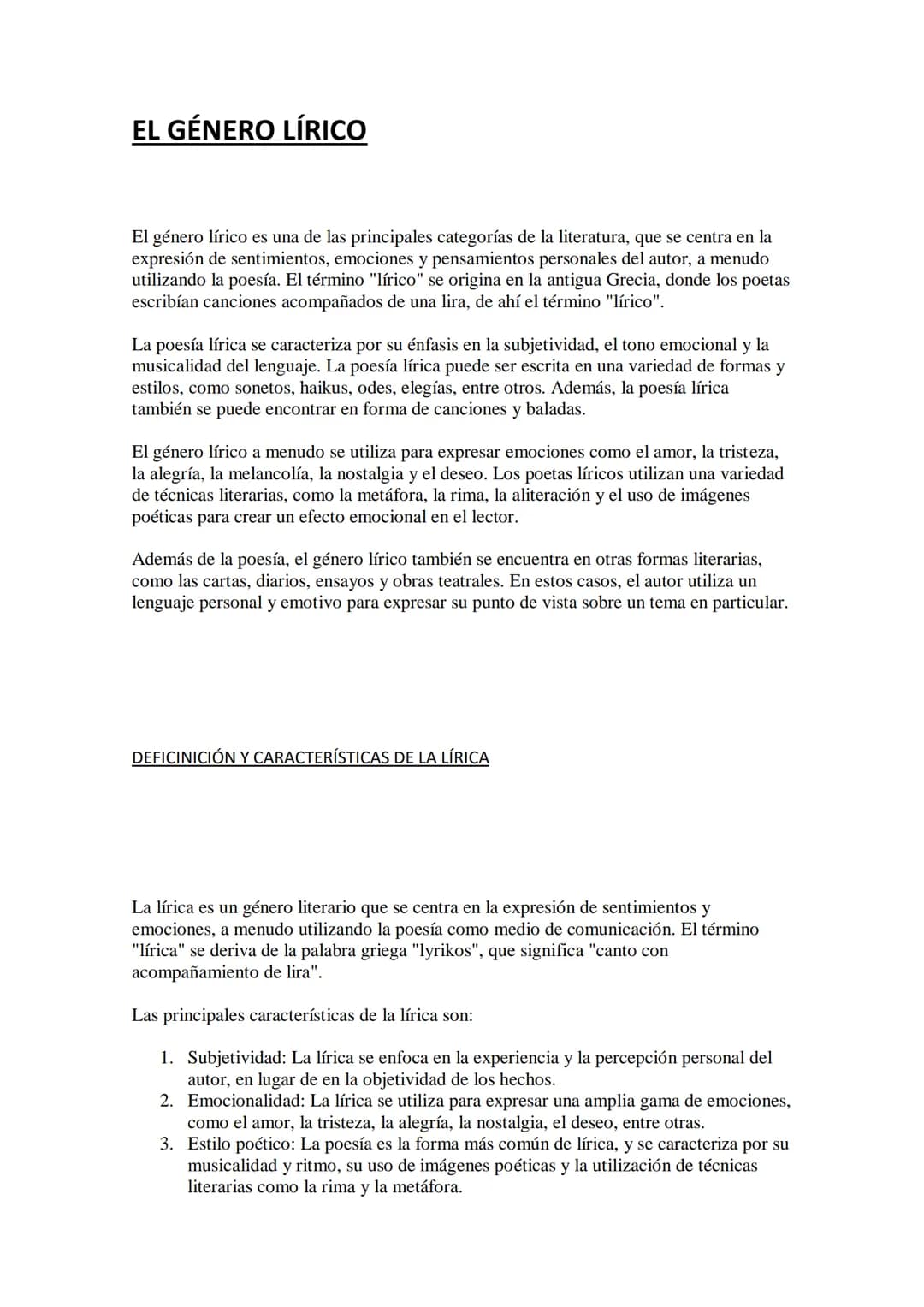 EL GÉNERO LÍRICO
El género lírico es una de las principales categorías de la literatura, que se centra en la
expresión de sentimientos, emoc