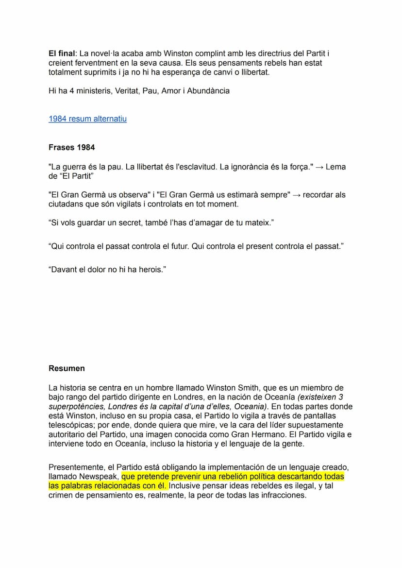 COSES CLAU DE 1984
Context històric: La història se situa en un futur imaginari en el qual un estat
totalitari, conegut com a "El Partit", e