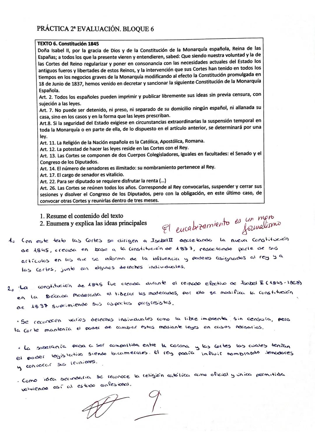# PRÁCTICA 2ª EVALUACIÓN. BLOQUE 6

TEXTO 6. Constitución 1845
Doña Isabel II, por la gracia de Dios y de la Constitución de la Monarquía es